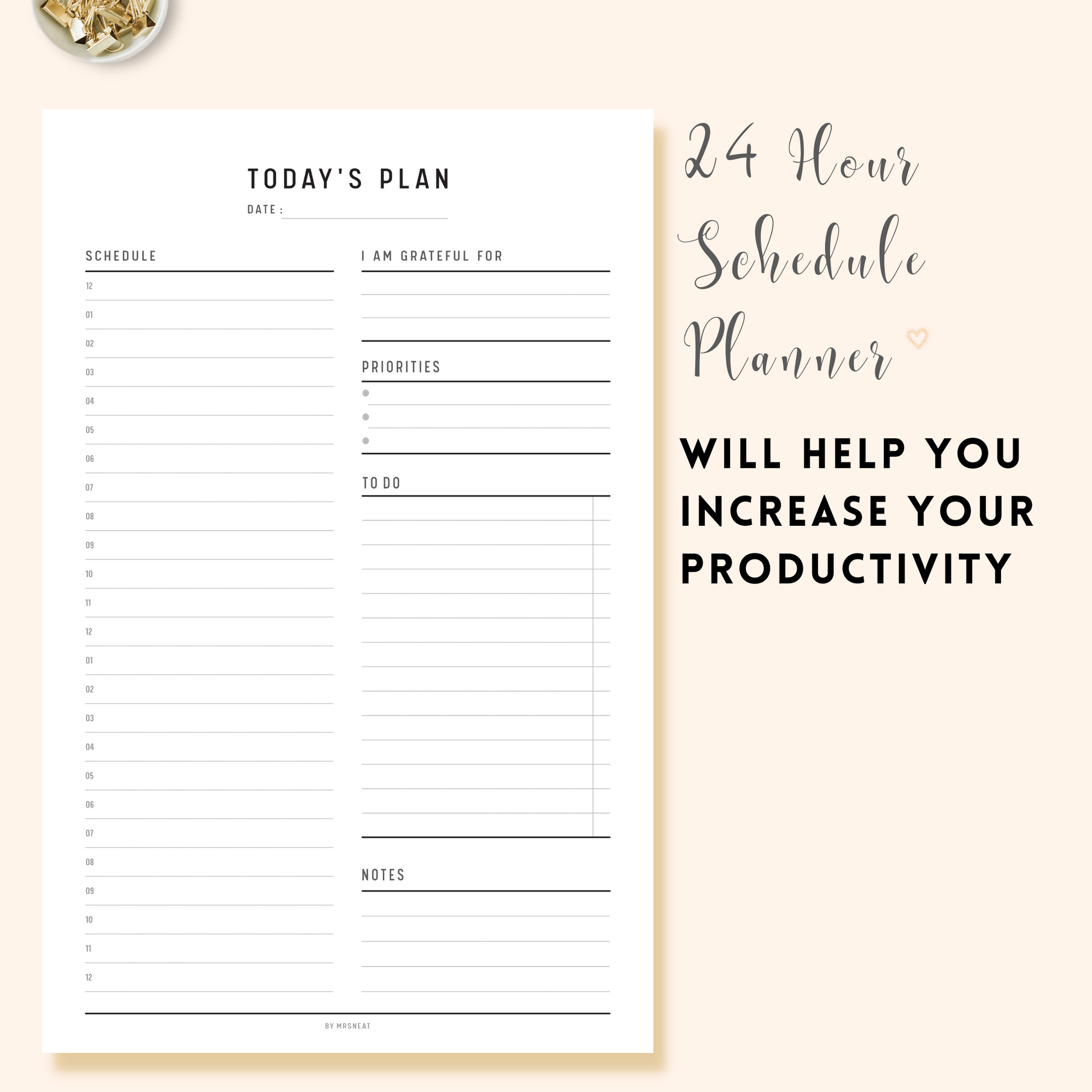 24 Hour Daily Planner Printable in Minimalist and Clean Design