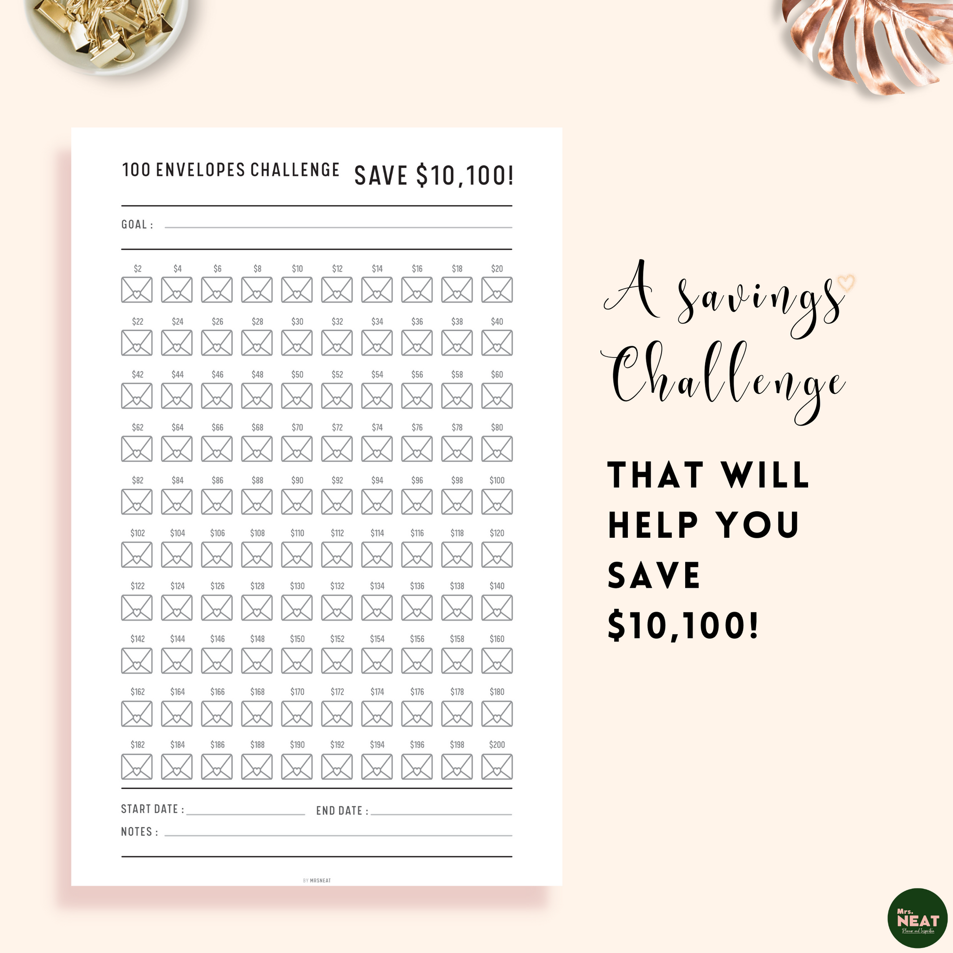 $10,100 in 100 Envelopes Challenge Planner