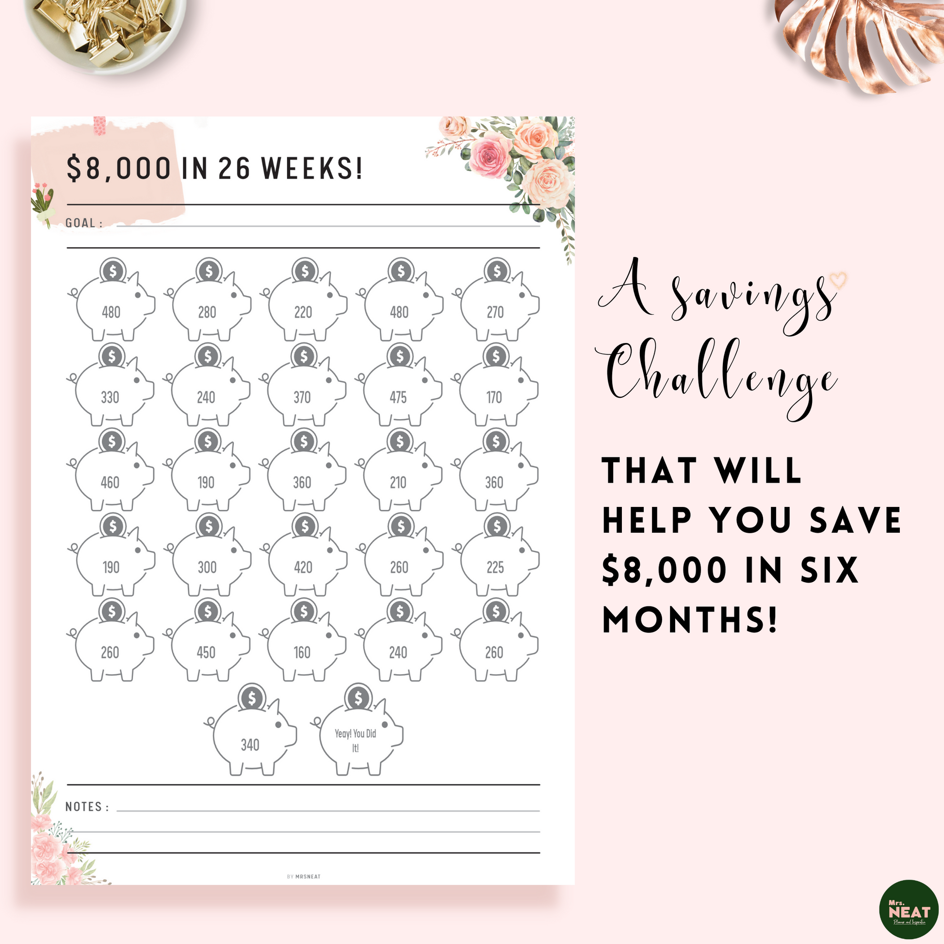 26 Piggy Bank on Pink Floral $8000 Money Saving Challenge Planner in Six Months