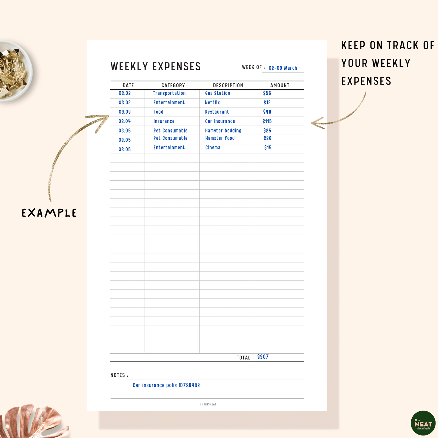 Weekly Expenses Tracker Planner Printable with detail list expenses for 02 - 09 March