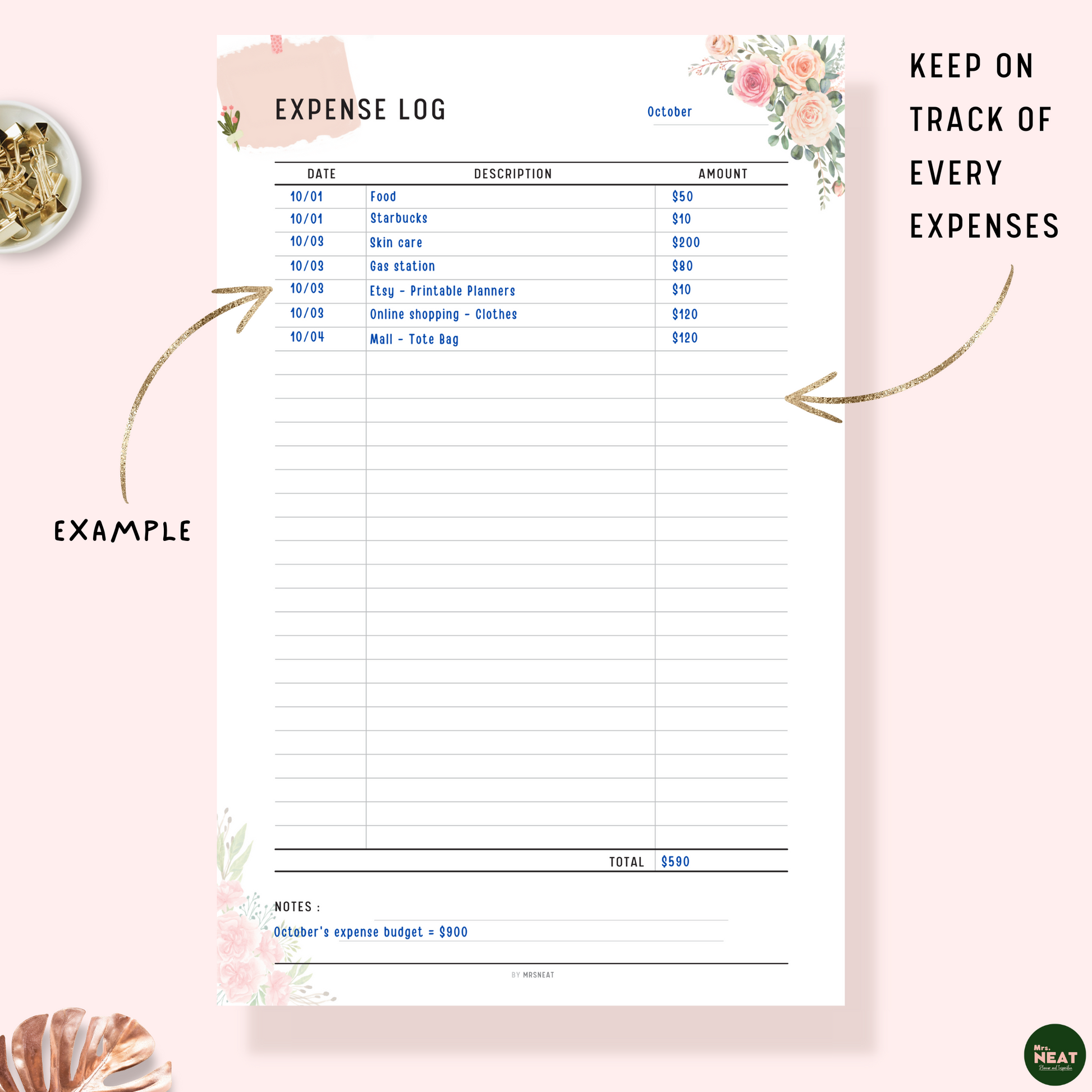 Floral Expense Log Tracker Printable Planner with detail list of expenses and notes