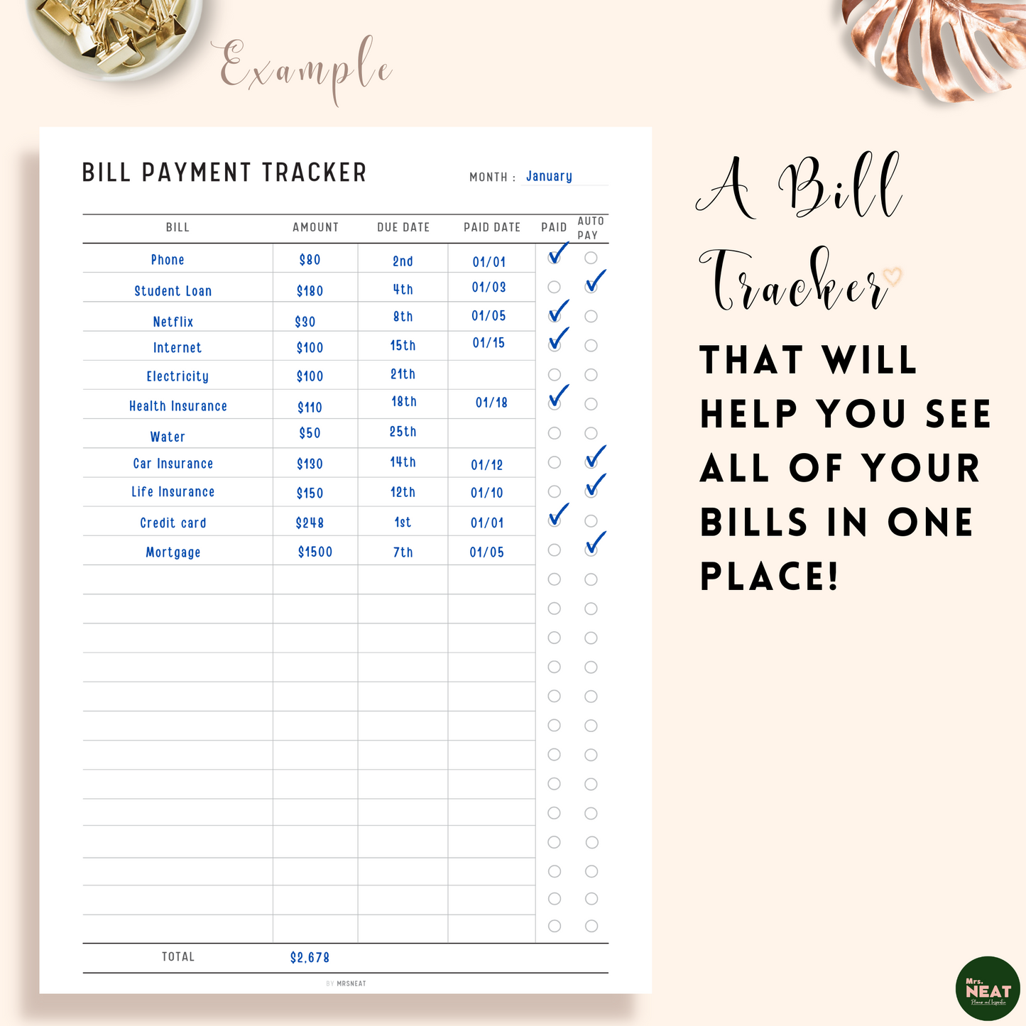 Minimalist Bill Payment Tracker with list of bills and detail expense information on the planner
