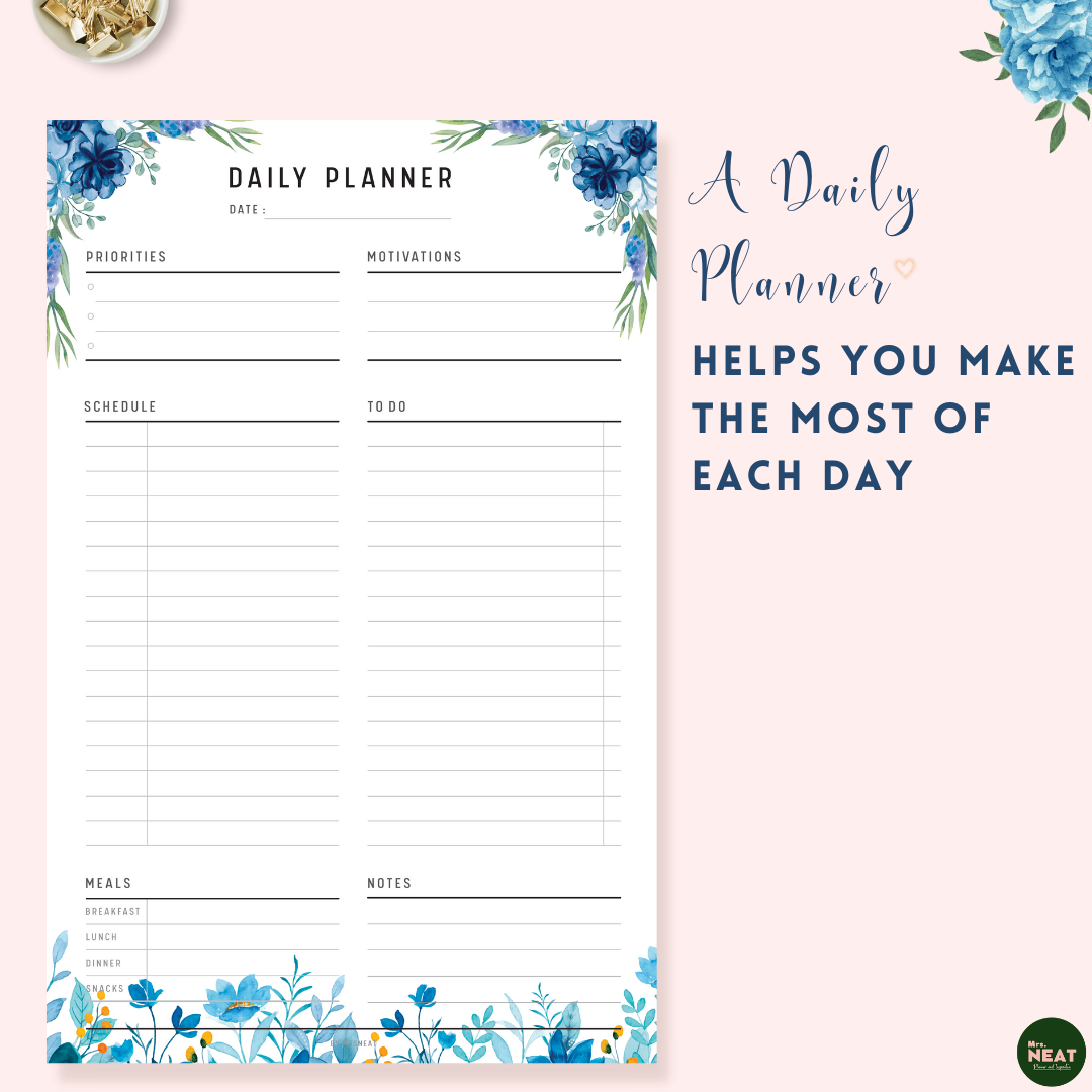 Blue Floral Daily Planner Printable with room for Notes and Daily Meal Planner