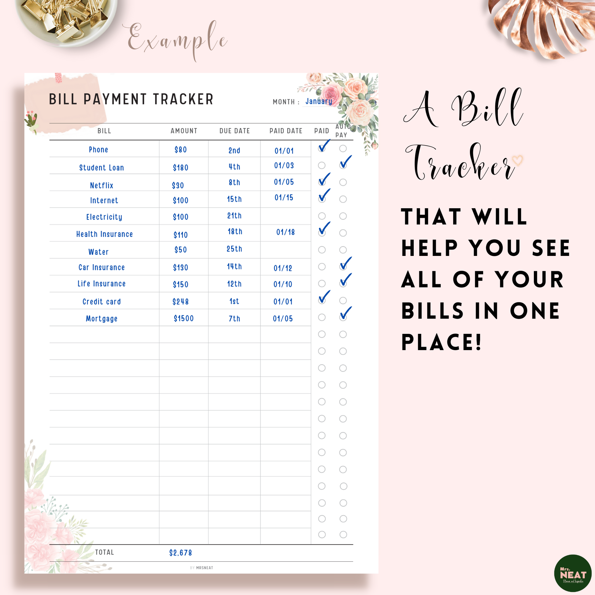 Floral Cute Bill Payment Tracker with list of bills and detail expense information on the planner