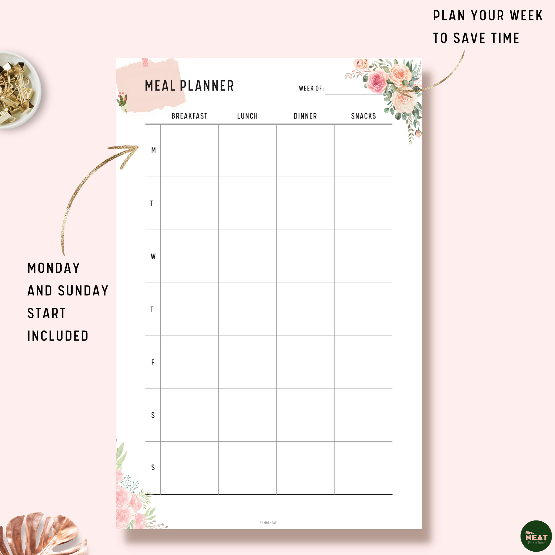 Floral Weekly Meal Planner with room for Breakfast, Lunch, Dinner and Snacks with Sunday Monday Start 