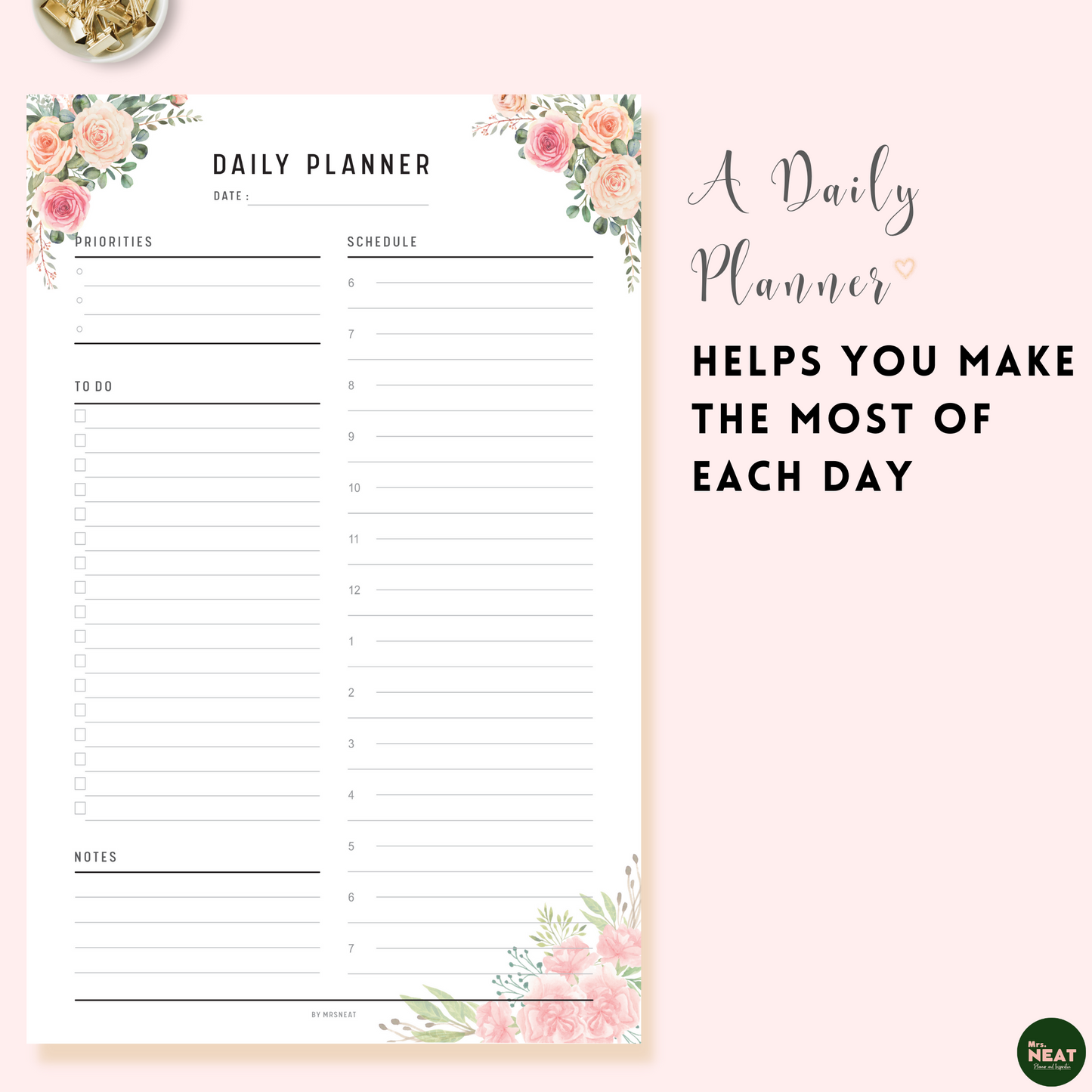 Daily Planner Printable in Cute and Minimalist Design with Pink Flower on the corner