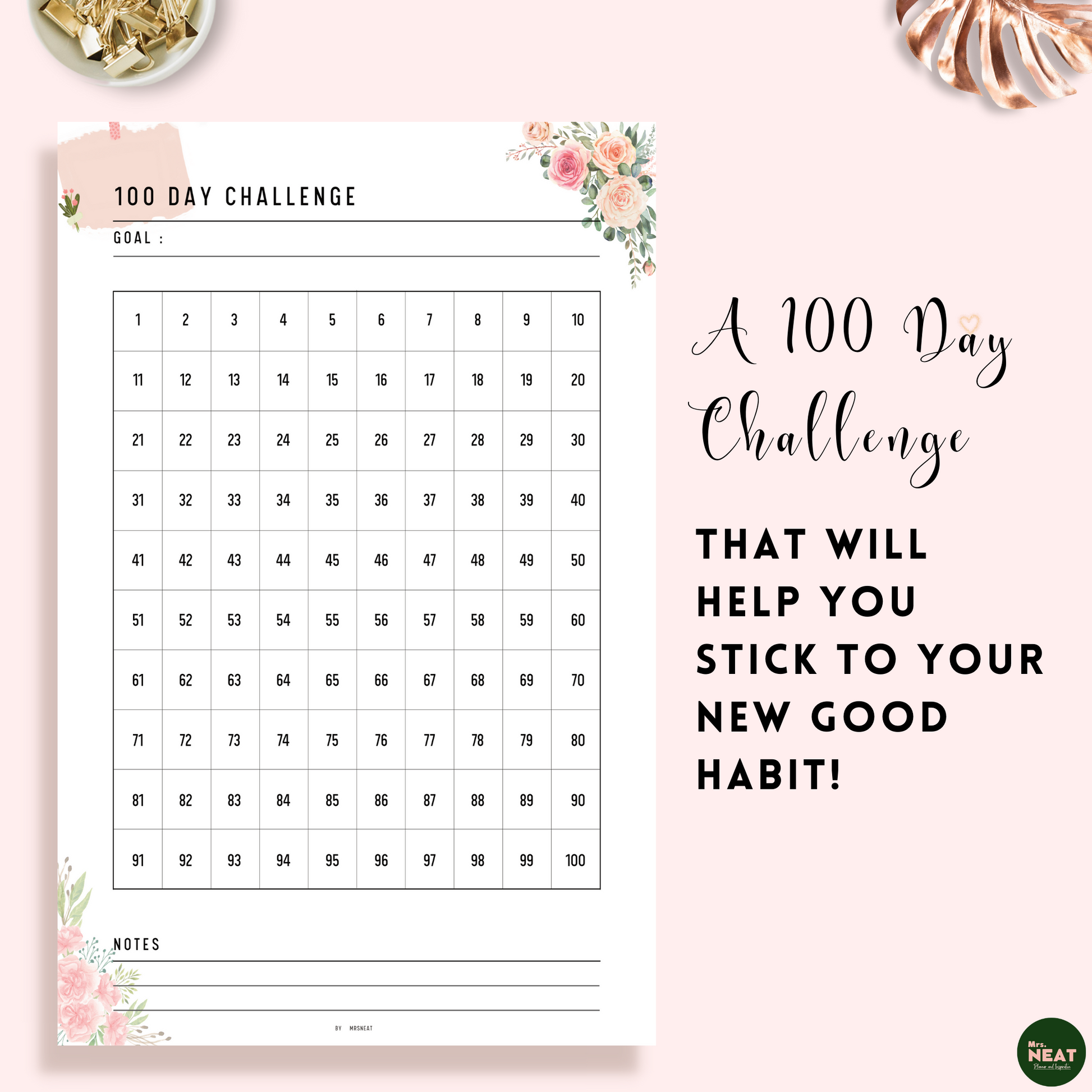 Floral 100 Day Challenge Habit Tracker Planner that help to stick with new good habit