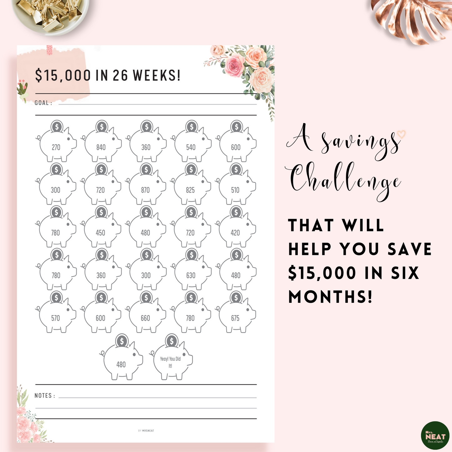 Pink Blush Cute Saving Tracker in Floral Theme that will help you save $15000 in Six Months