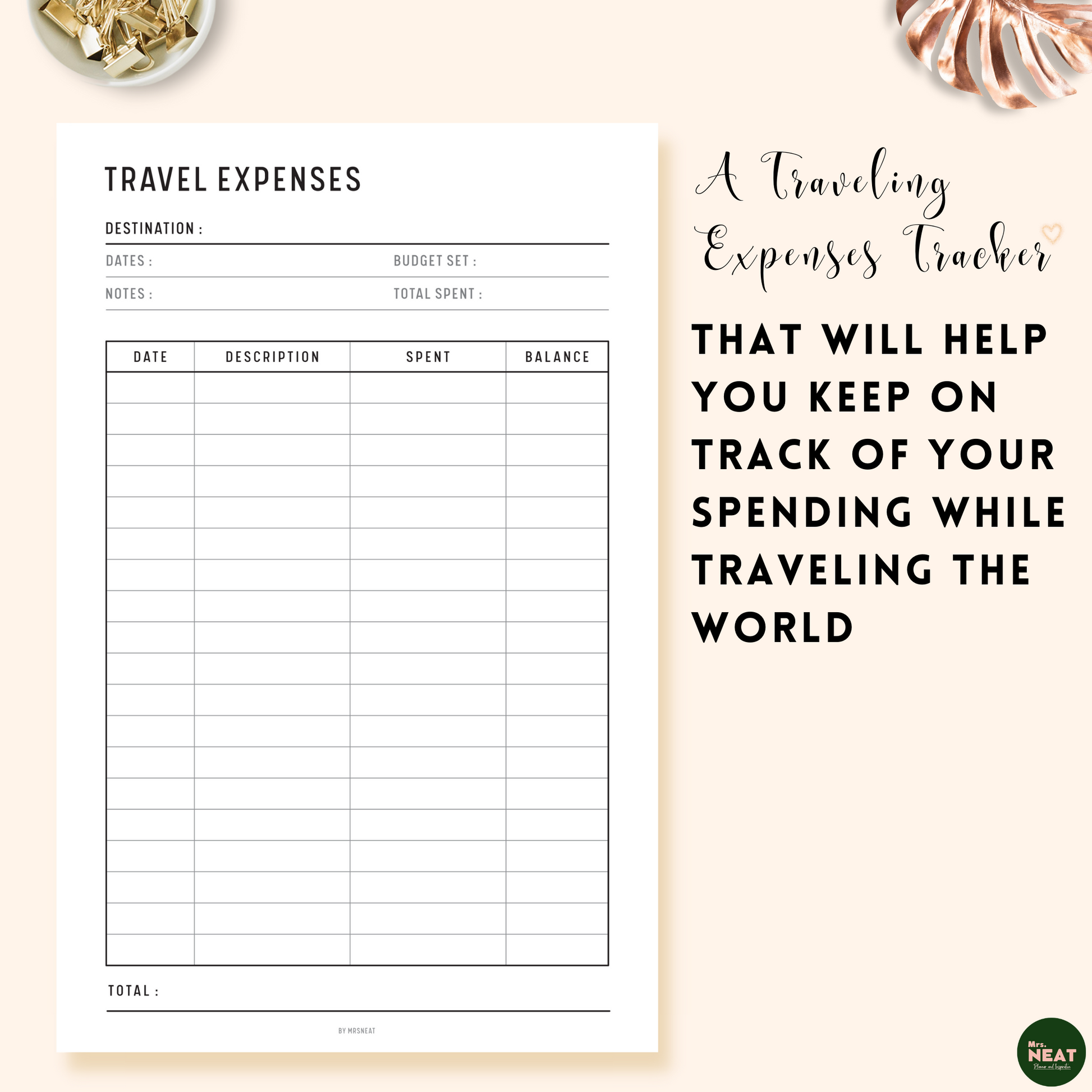Travel Expenses Tracker Planner to help keep on track of spending while traveling the world