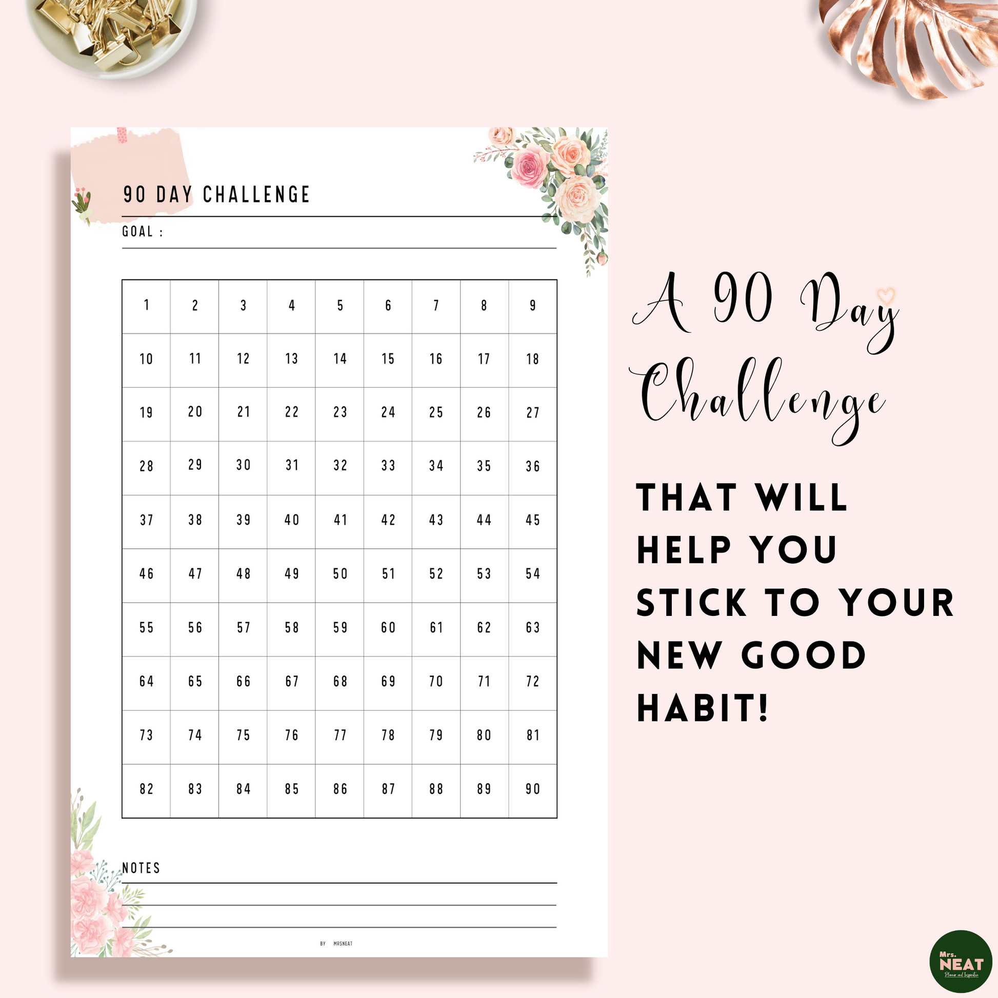 Floral 90 Day Challenge Habit Tracker to Help stick with the new good habit