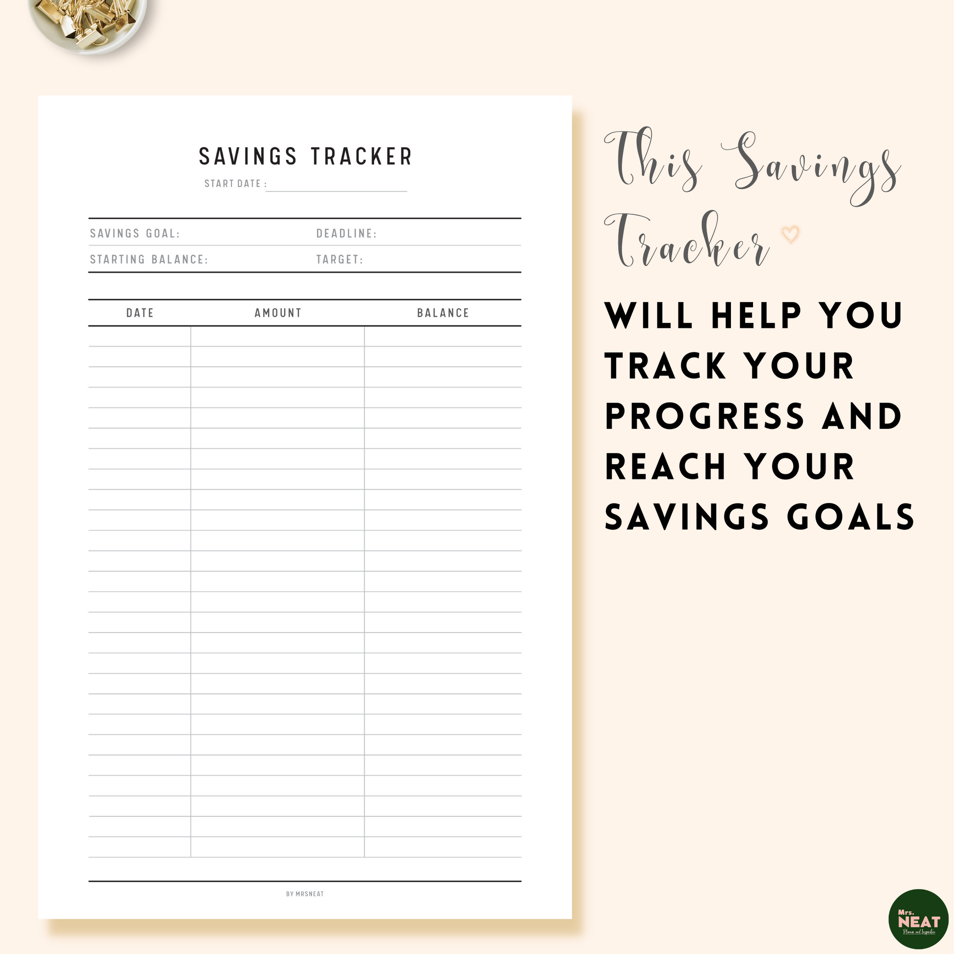 Saving Tracker Planner Printable with column of Date, Amount and Saving Balance