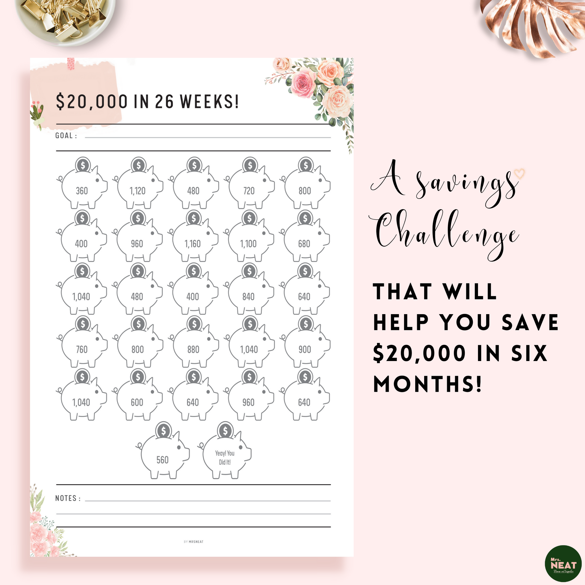 Beautiful Pink Floral Saving Tracker that will help you save $20000 in six months