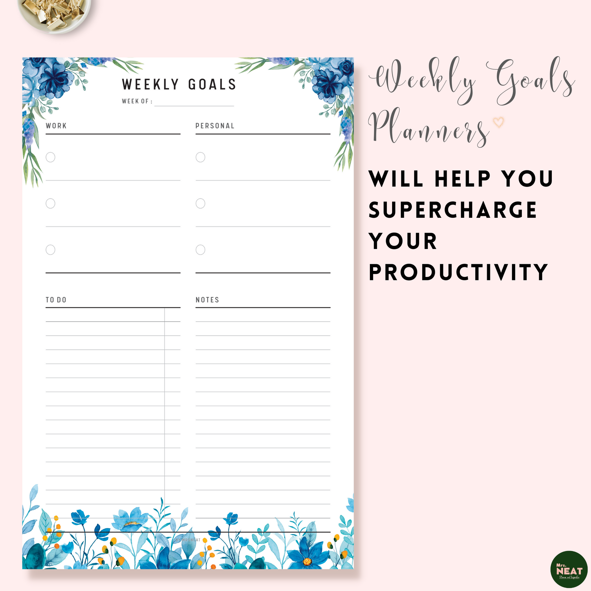 Blue Floral Weekly Goal Planner with Minimalist and Cute Design