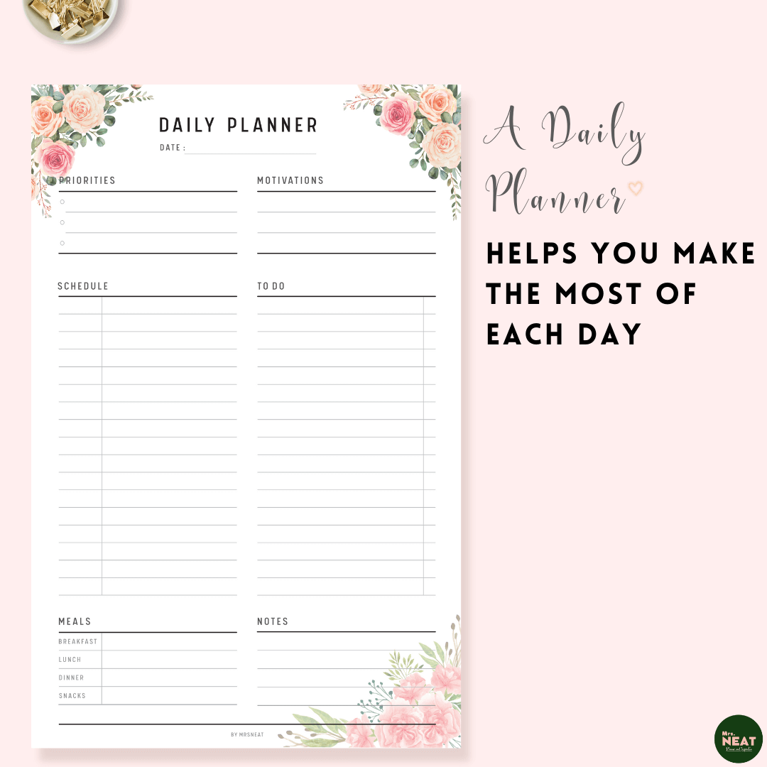 Pink Floral Daily Planner with room for Notes and Daily Meal Planner