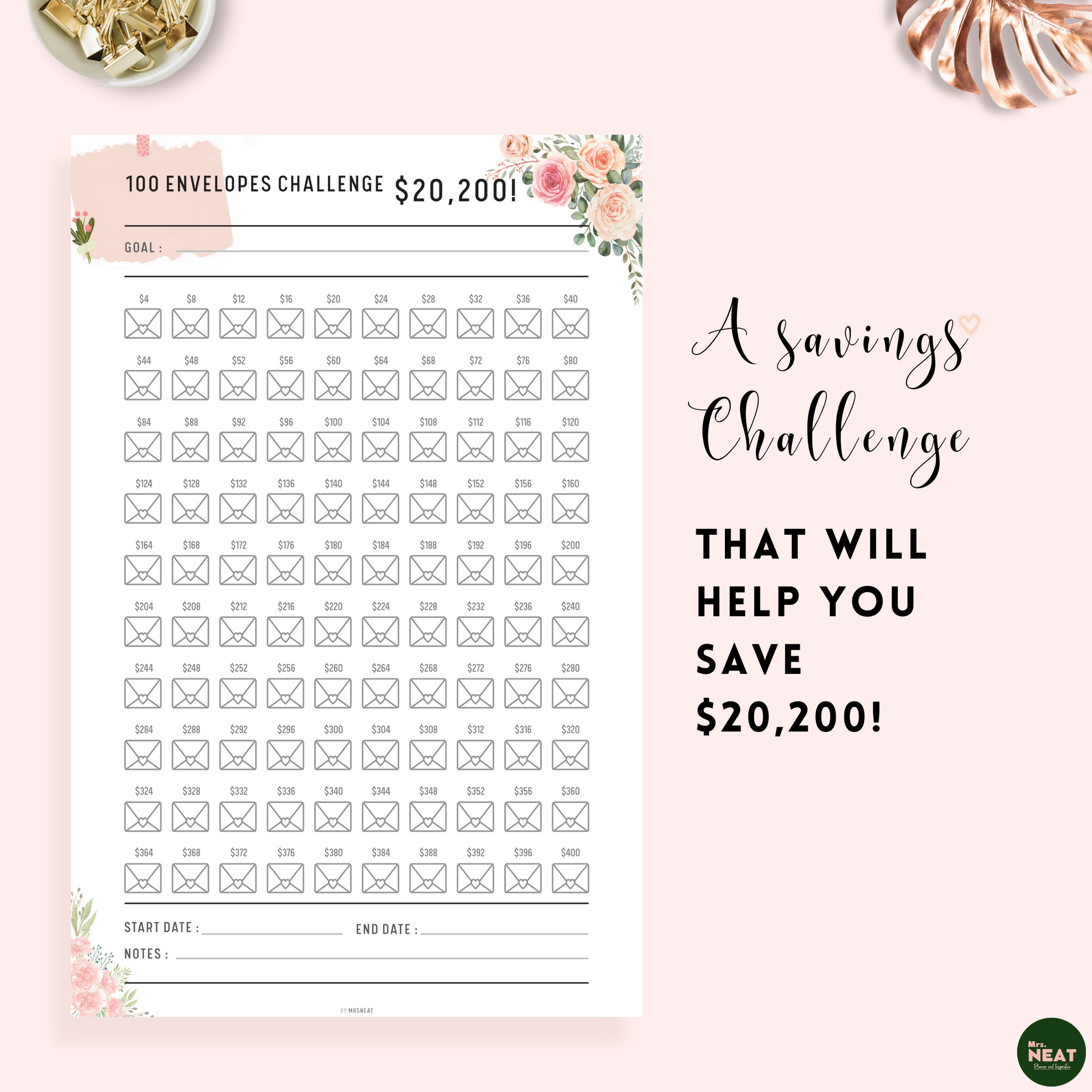 A Pink Blush Floral 100 envelope Saving Challenge Planner that will help to save $20200