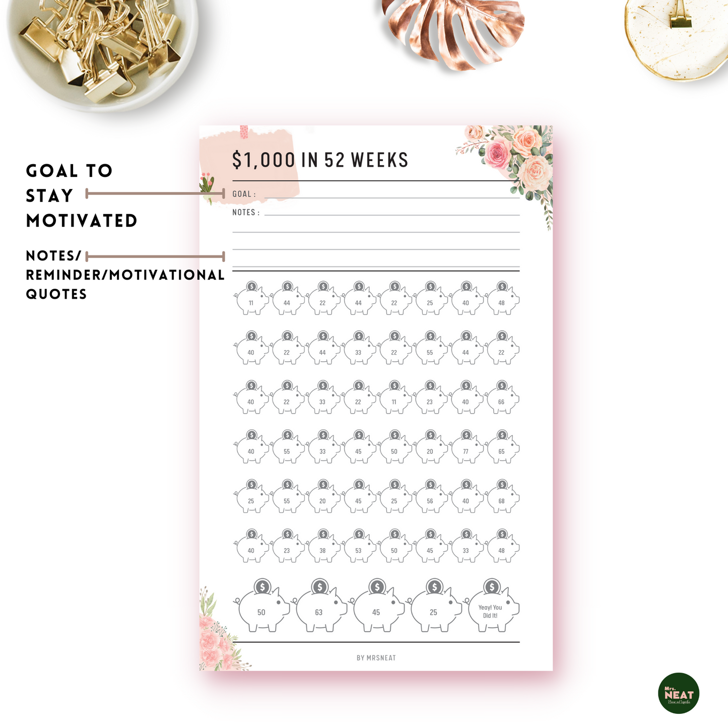 Floral 1000 Money Saving Challenge in 52 Weeks with room for Goal will help you to stay motivated