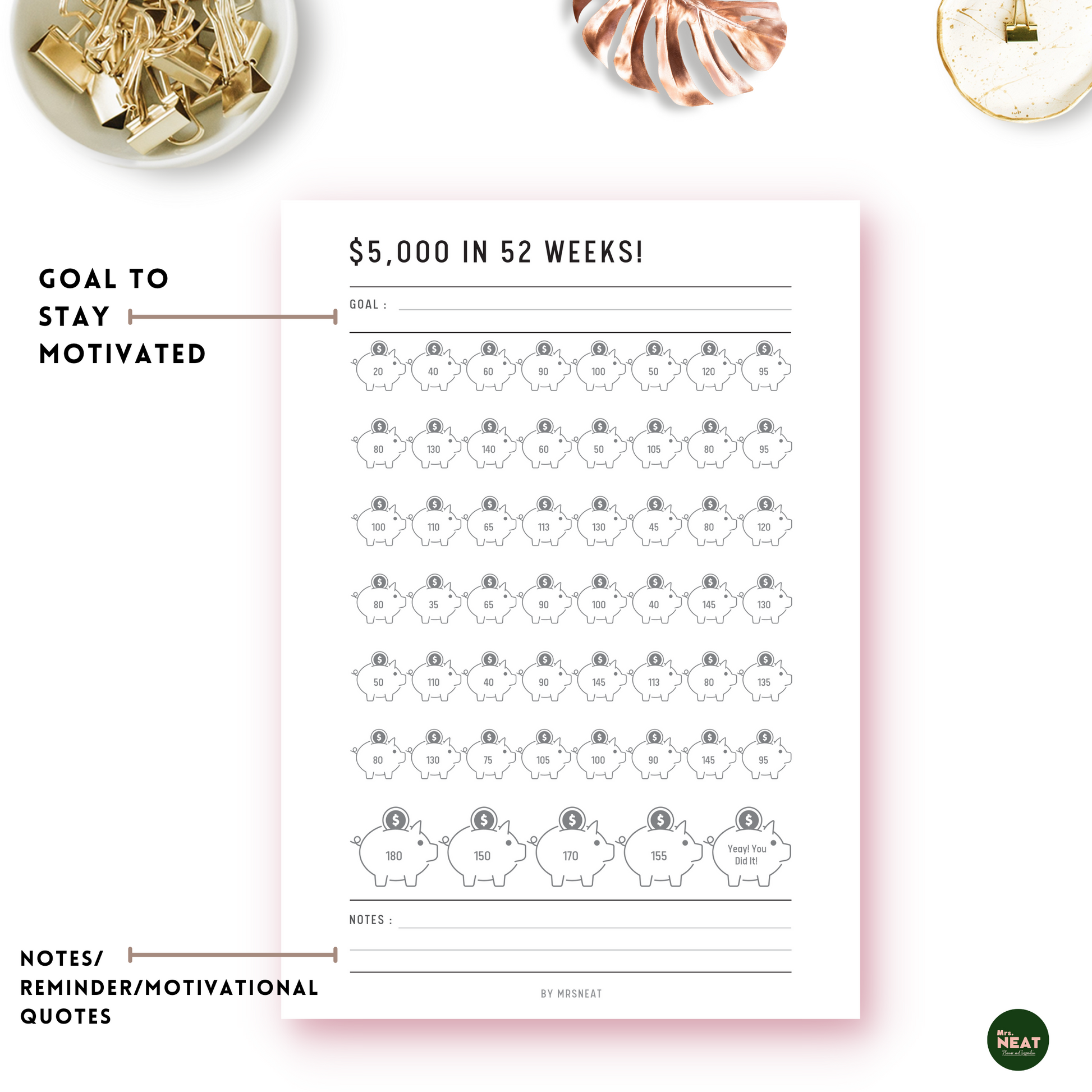 Piggy Bank $5000 Money Saving Challenge Planner in 52 weeks with room for goal and notes