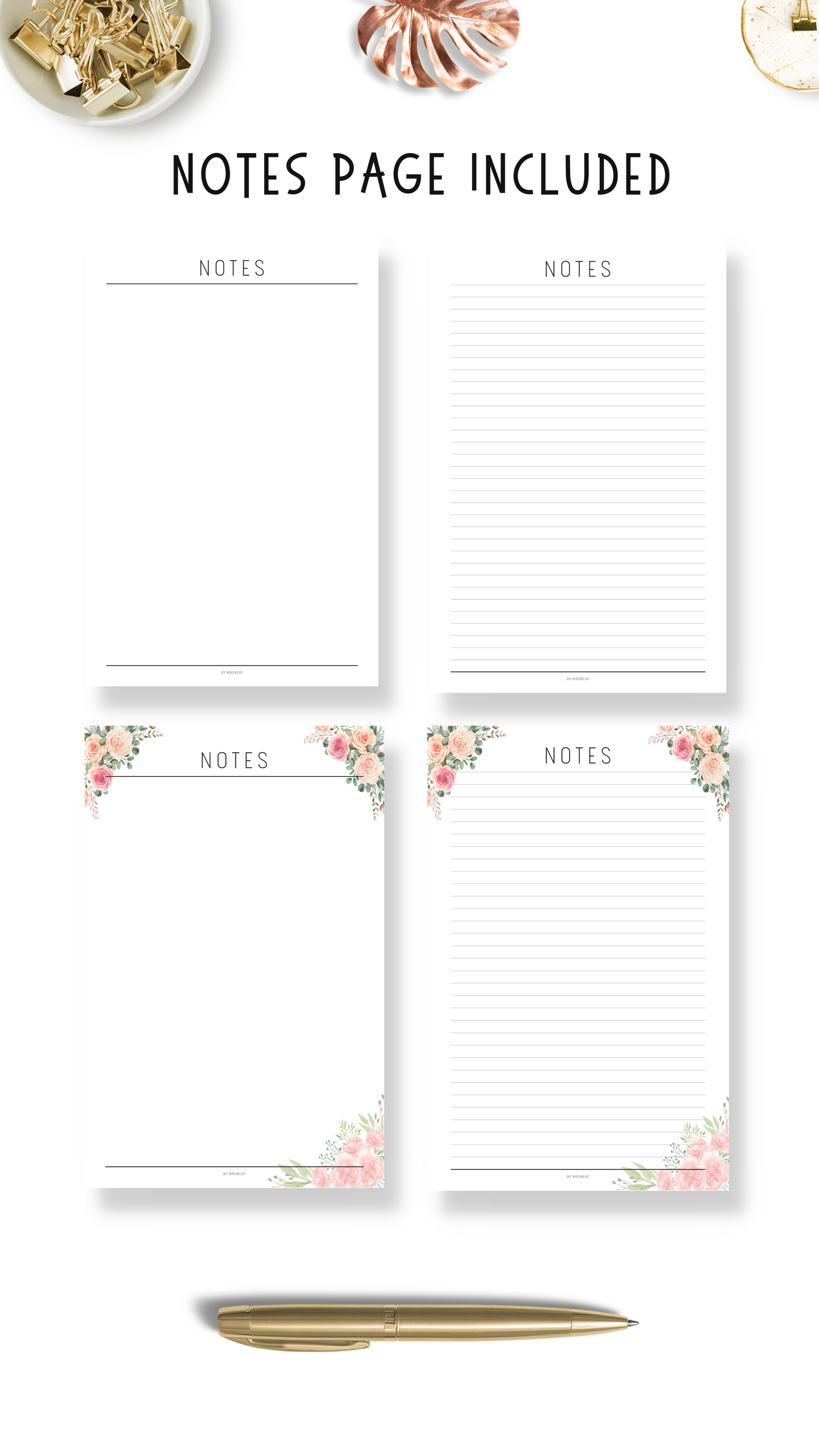 Notes Pages with Lined and Unlined in Neutral and Pink Floral Style