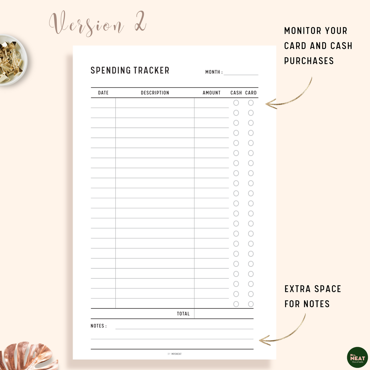Spending Tracker Planner with room for date, description, amount, 2 payment options and notes