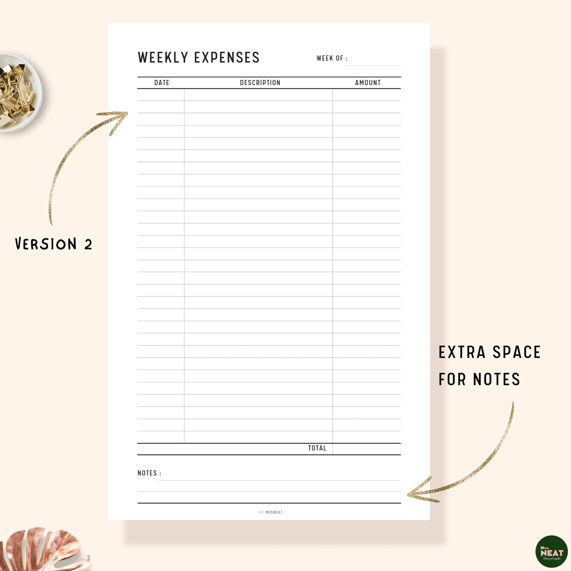 Weekly Expenses Tracker Planner Printable with room for date, amount, description and notes