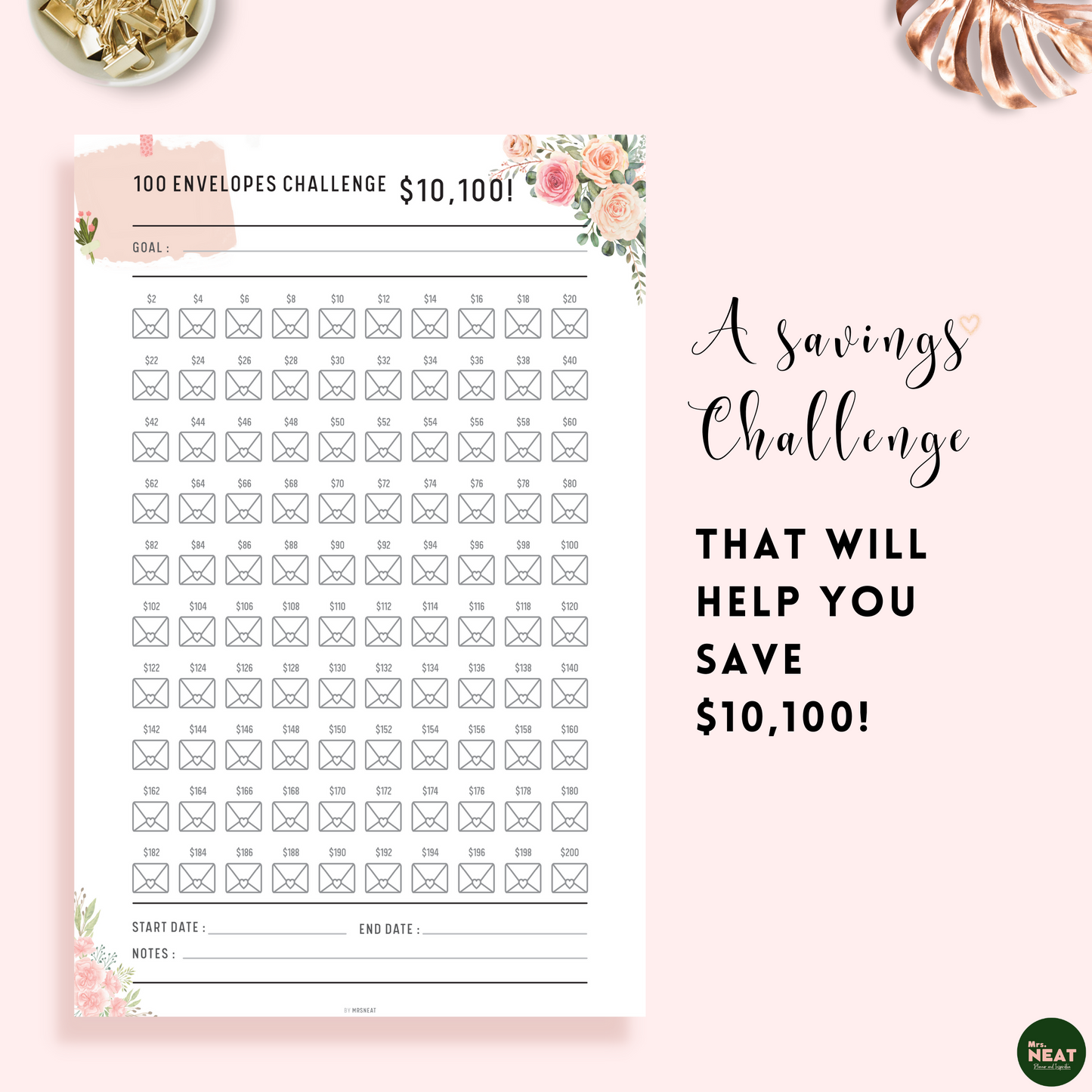 $Floral 100 Envelope Challenge Planner is a saving tracker that will help you save $10100