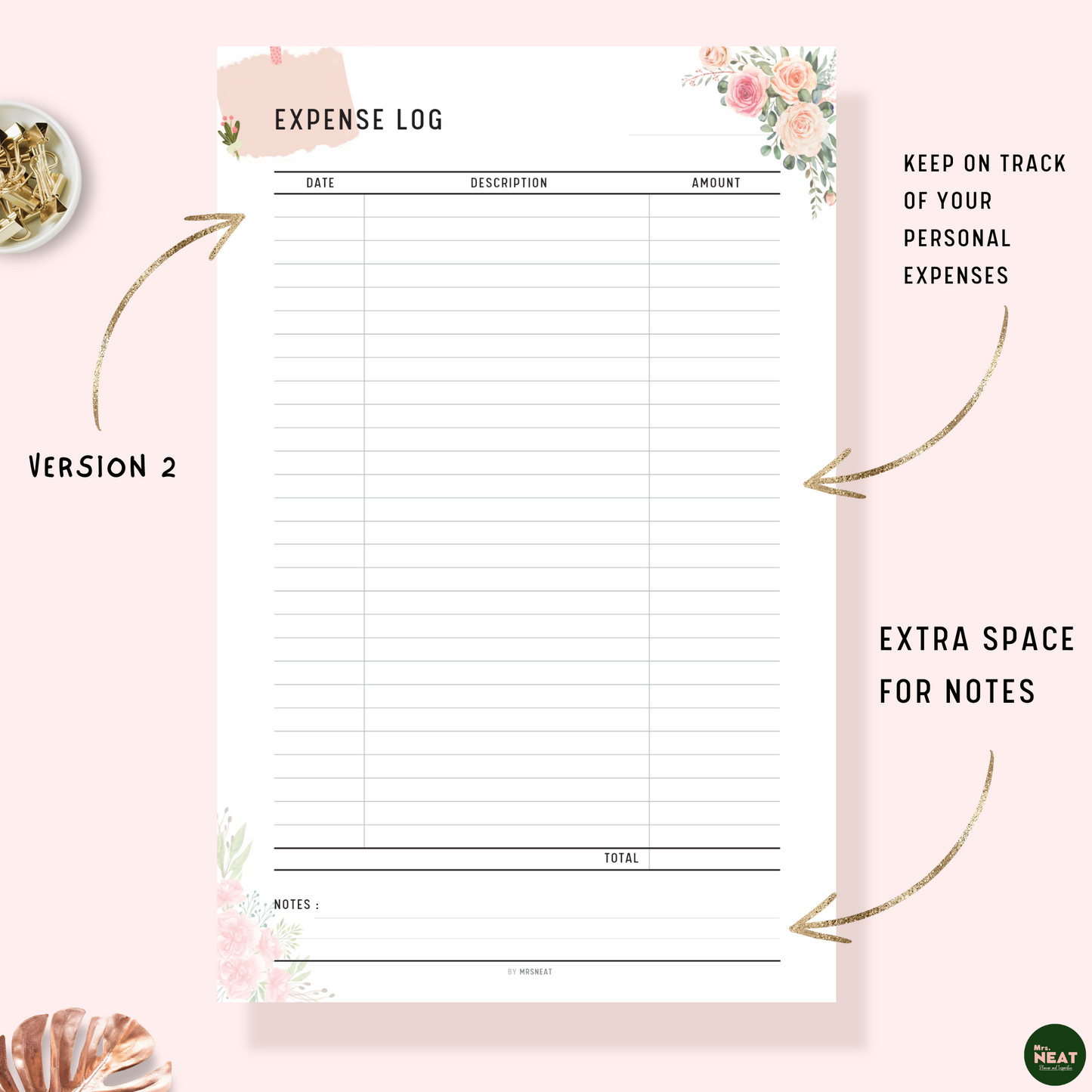 Floral Expense Log Tracker Printable Planner with room for date, description, amount and notes