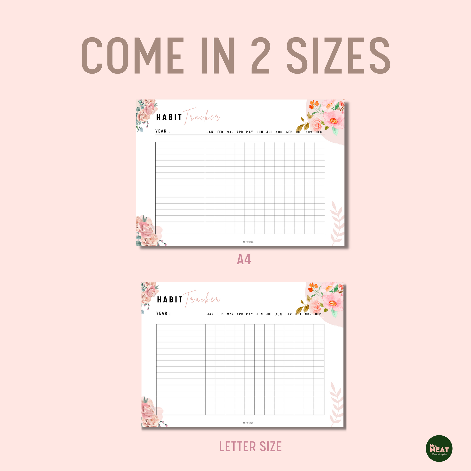 Cute and Beautiful Pink Floral Horizontal Habit Tracker in A4 and Letter size