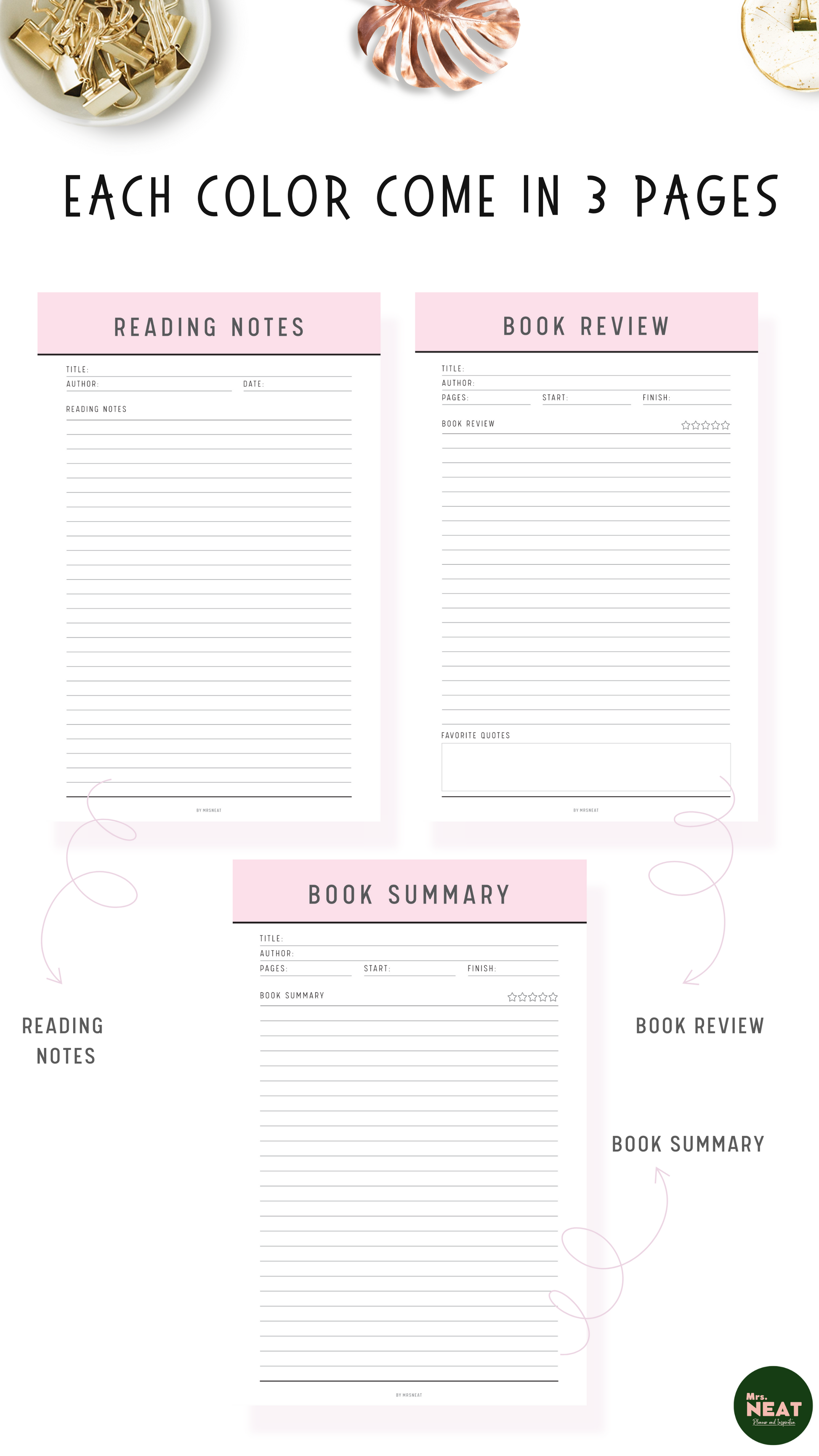 Reading Notes Planner, Book Review Planner and Book Summary Printable in adorable Pink Blush