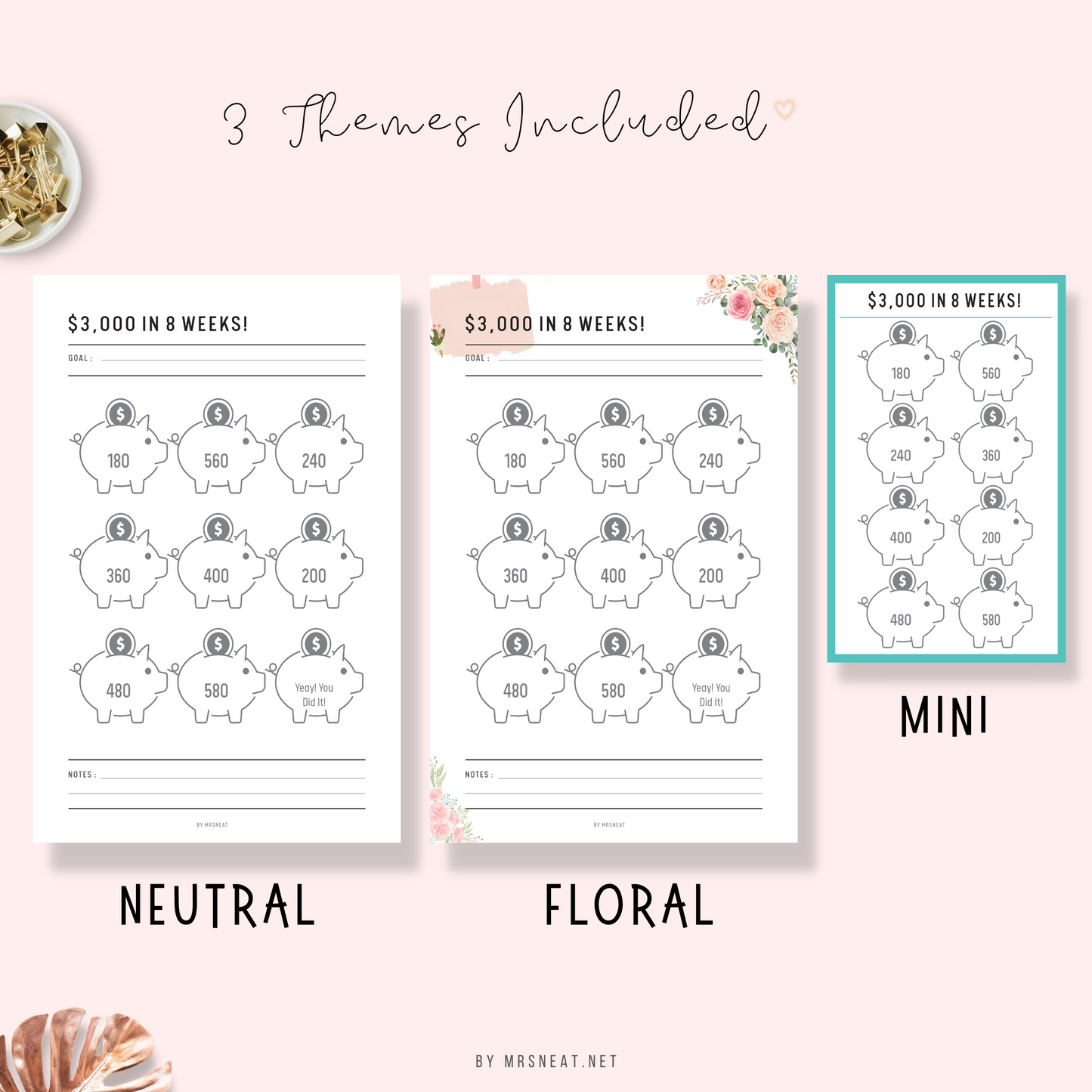 3 Pages $3000 Saving Challenge Planner in Neutral, Floral and Cute Green Mini size