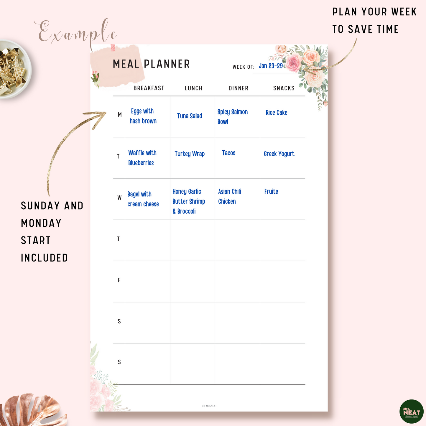 Floral Weekly Meal Planner with list of food for Breakfast, Lunch, Dinner and Snacks