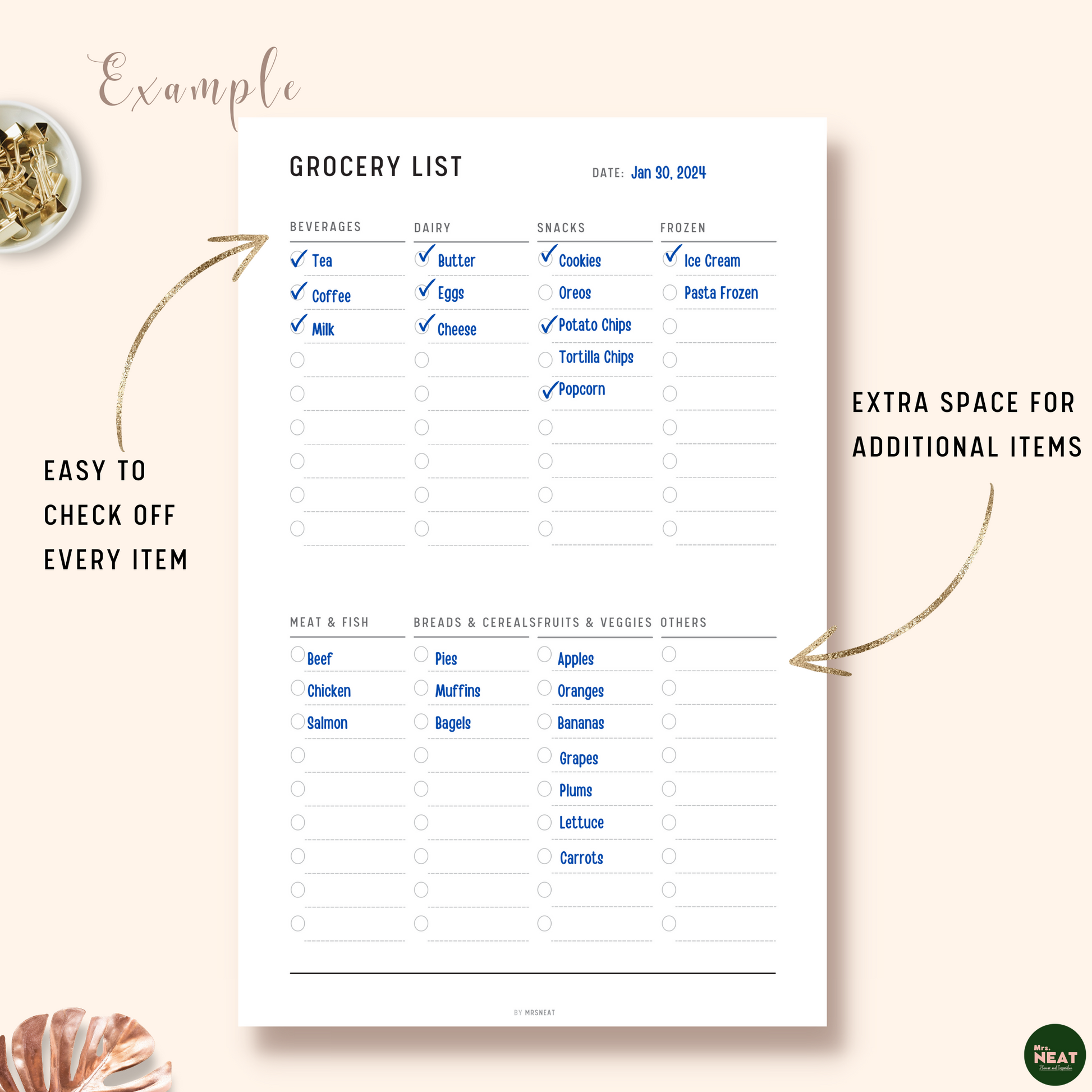 Minimalist Grocery List Planner with list of item on each category