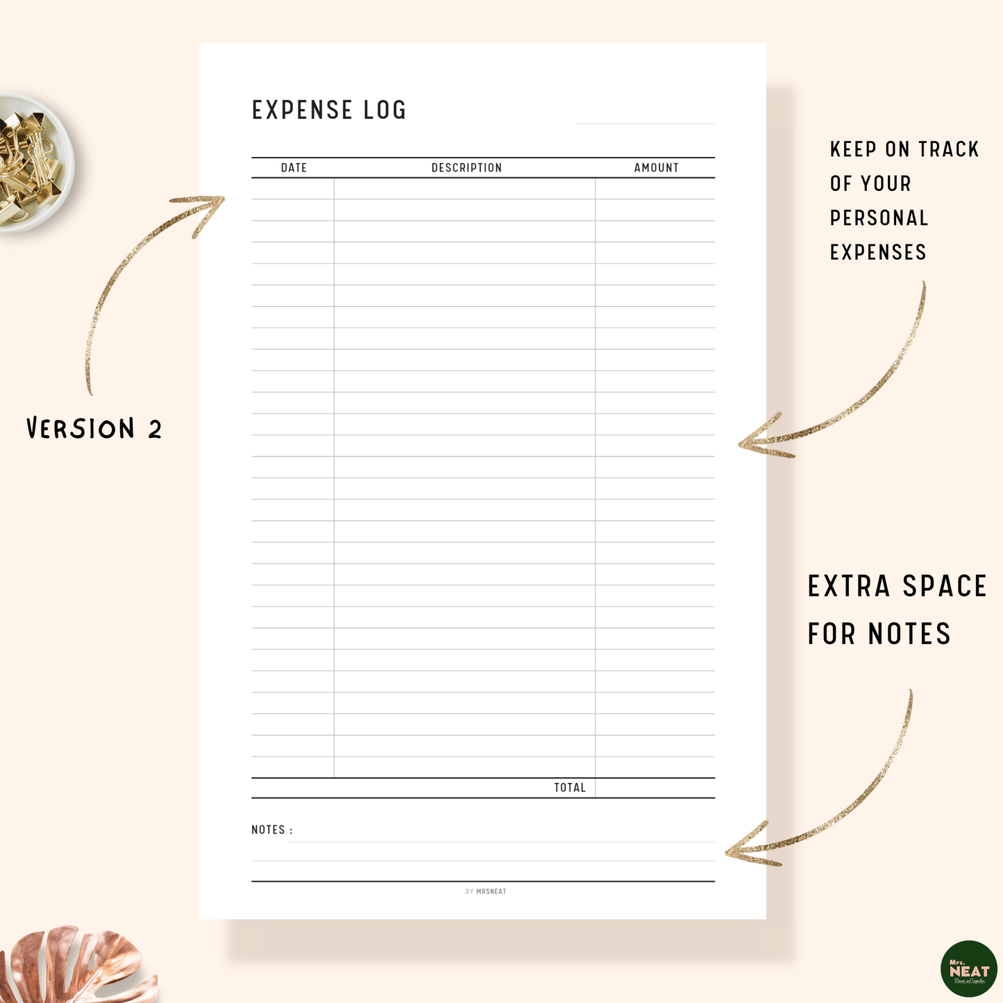 Expense Log Tracker Printable Planner with room for date, description, amount and notes