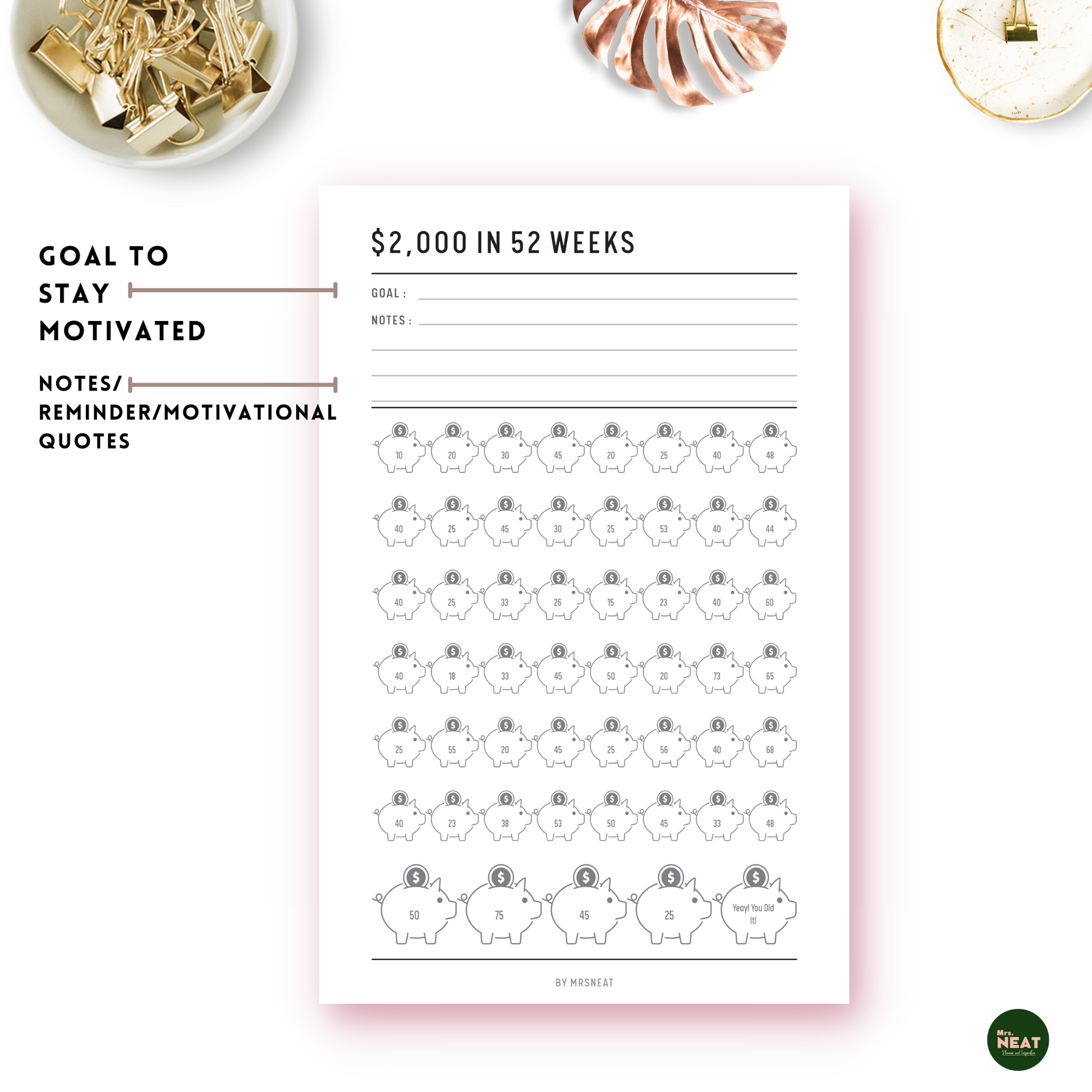 $2,000 Money Savings Challenge in 52 Weeks Planner with room for notes, reminder and motivational quotes