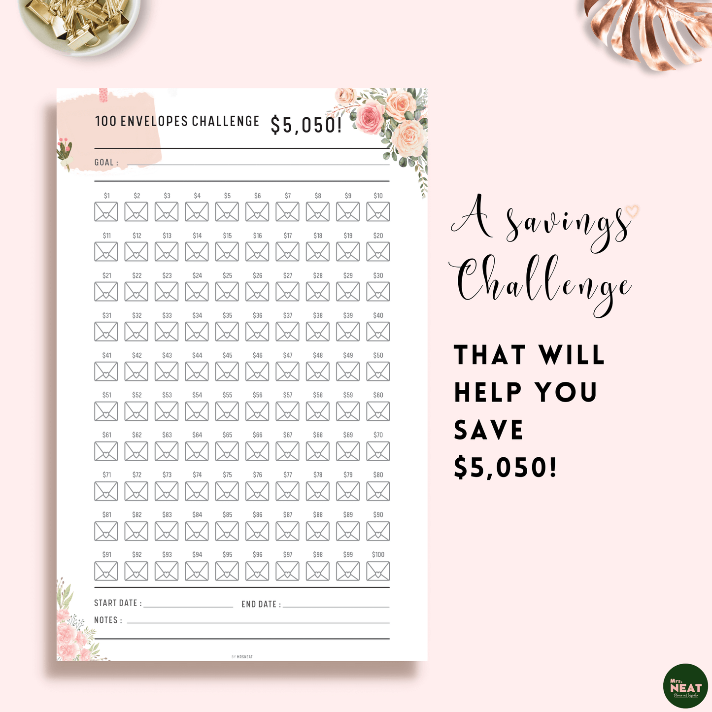 Floral Money Saving Challenge in 100 Envelope Planner to save $5050