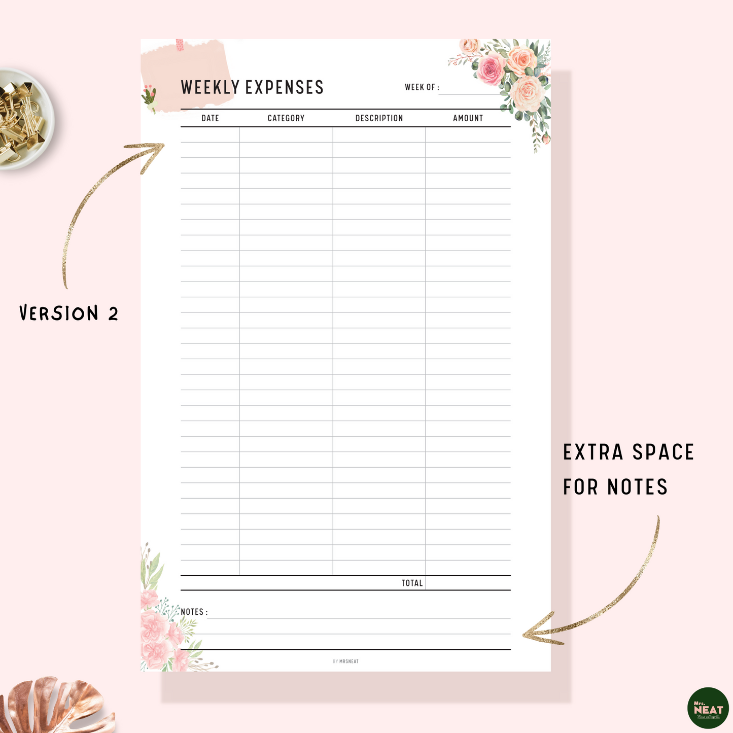 Floral Weekly Expenses Tracker Planner Printable with room for date, amount, desc and notes