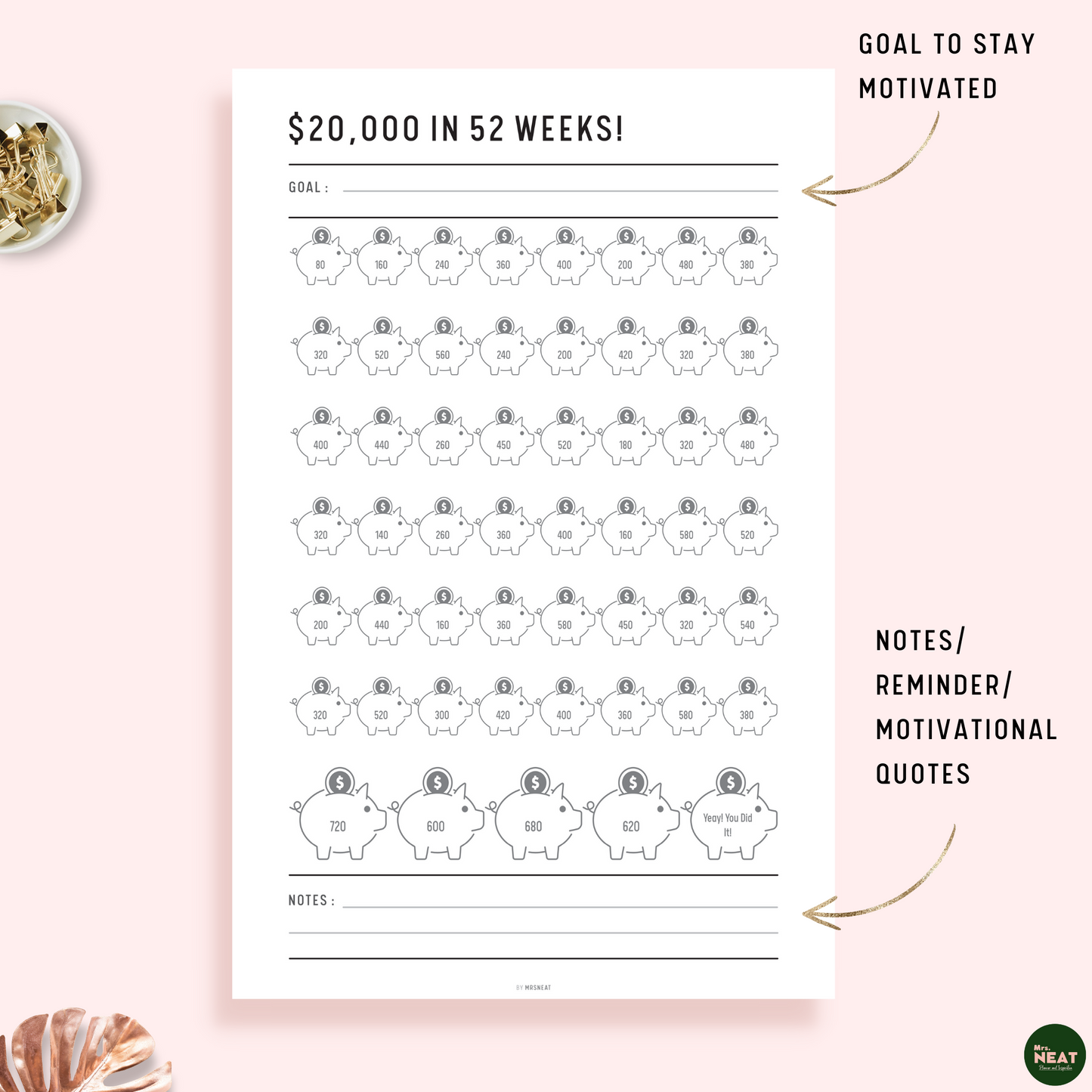 $20,000 Savings Challenge in 52 Weeks Planner with room for notes, reminder and motivational quotes