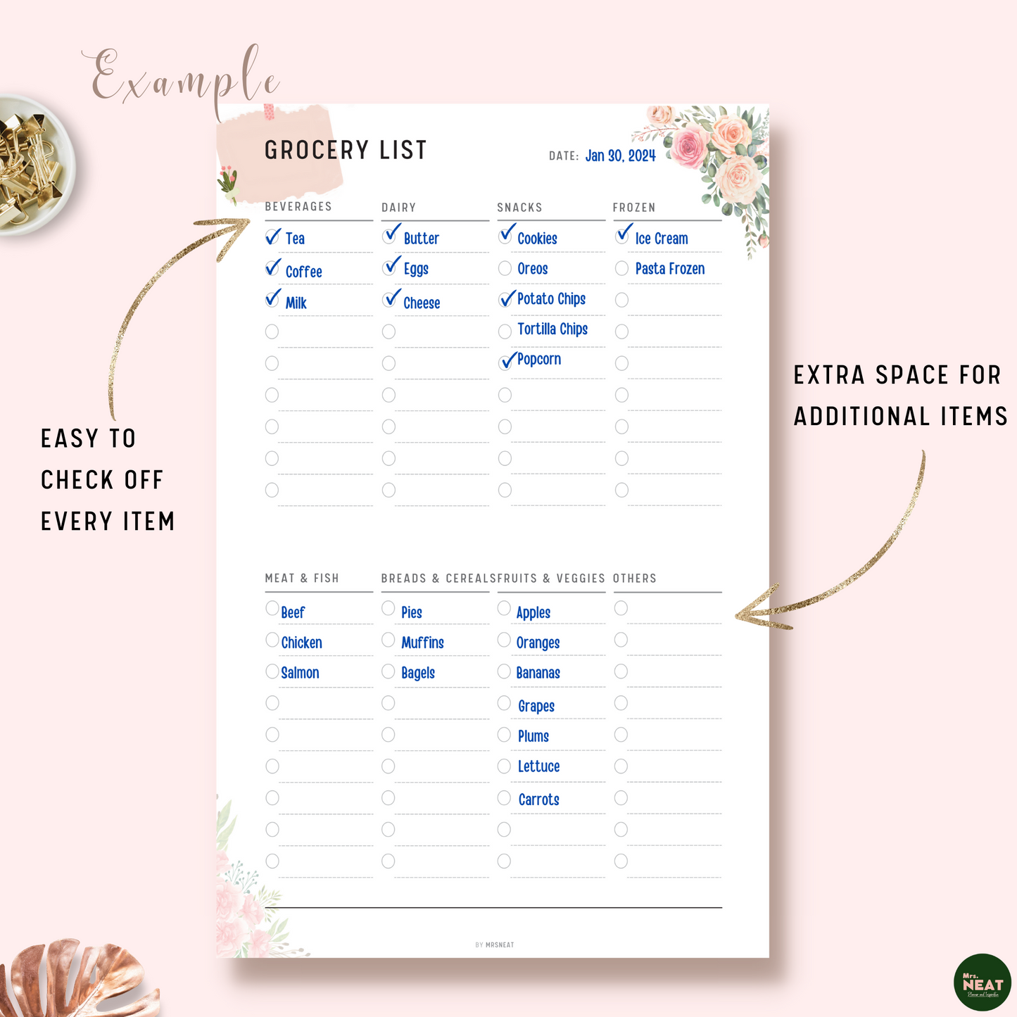 Beautiful and Cute Floral Grocery List Planner with list item of each category