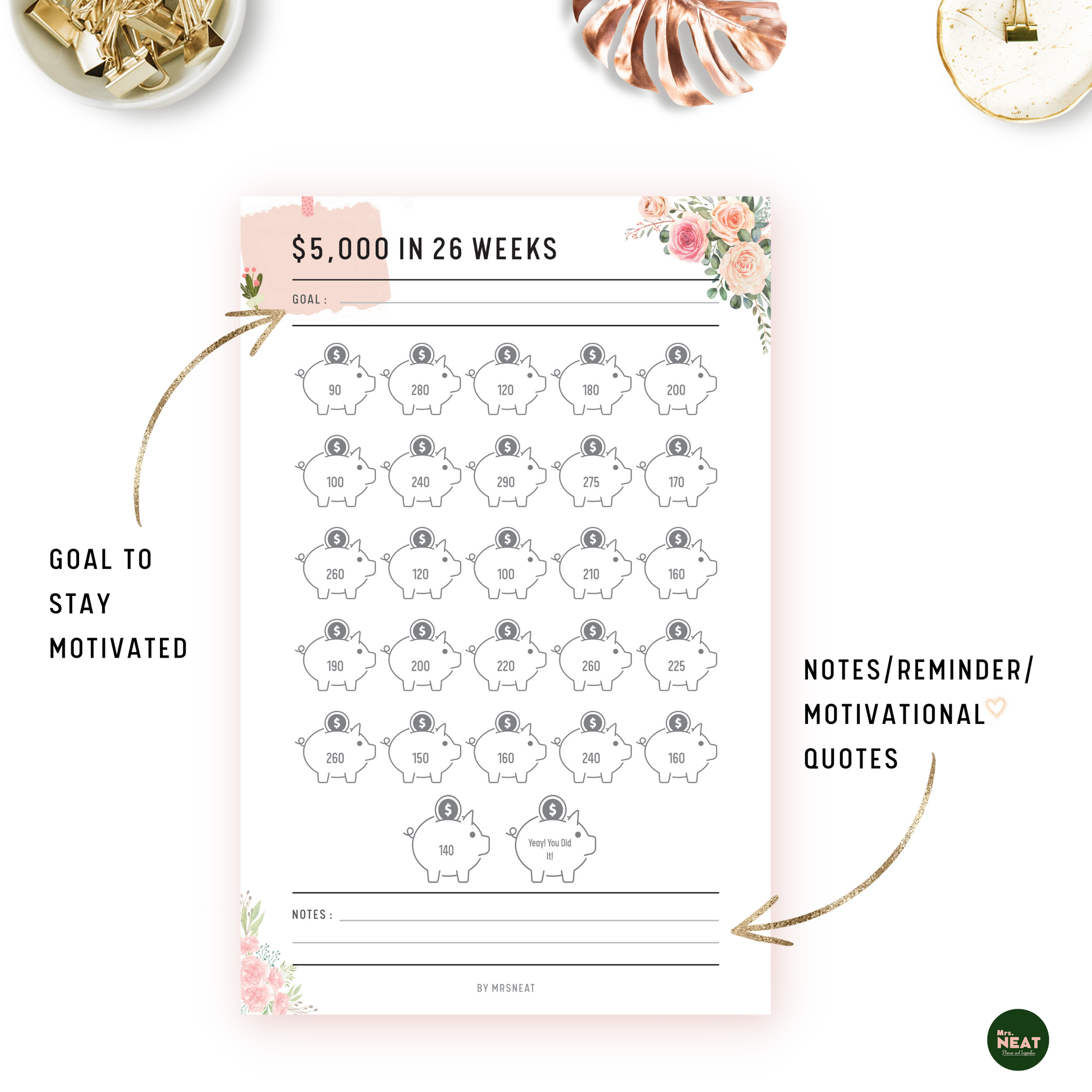 Floral $5000 Money Saving Challenge in 26 Weeks Planner with room for goal and notes