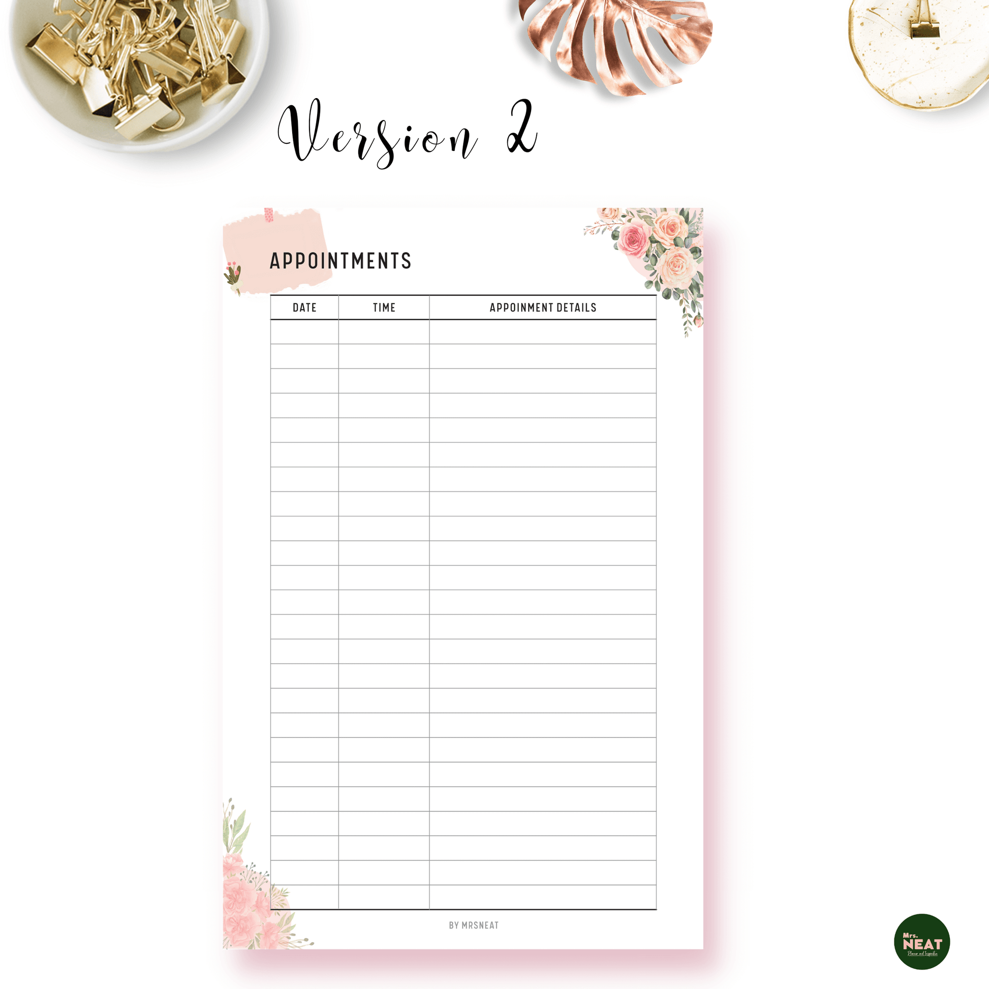 Floral Appointment Tracker Planner with room for Date, Time and Appointment Detail