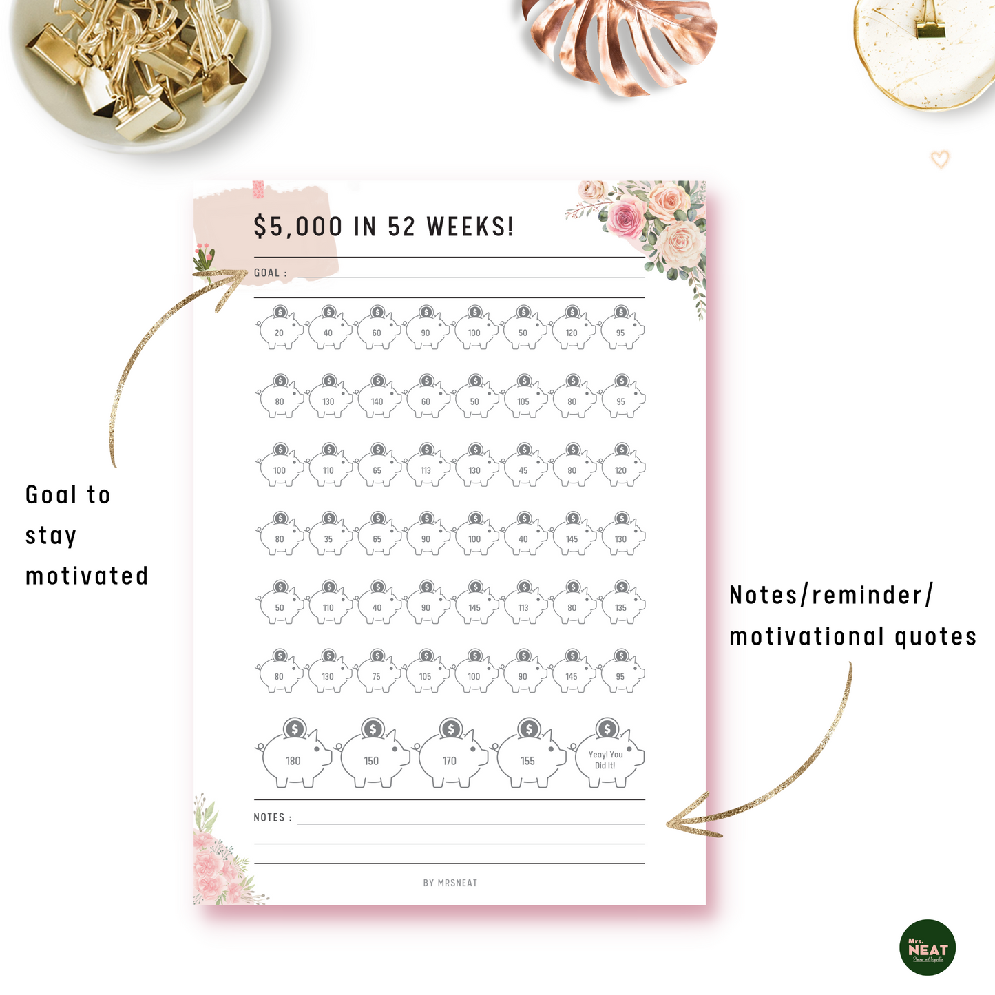 Pink Floral Money Saving Challenge Planner to save $5000 in 52 weeks with room for goal and Notes
