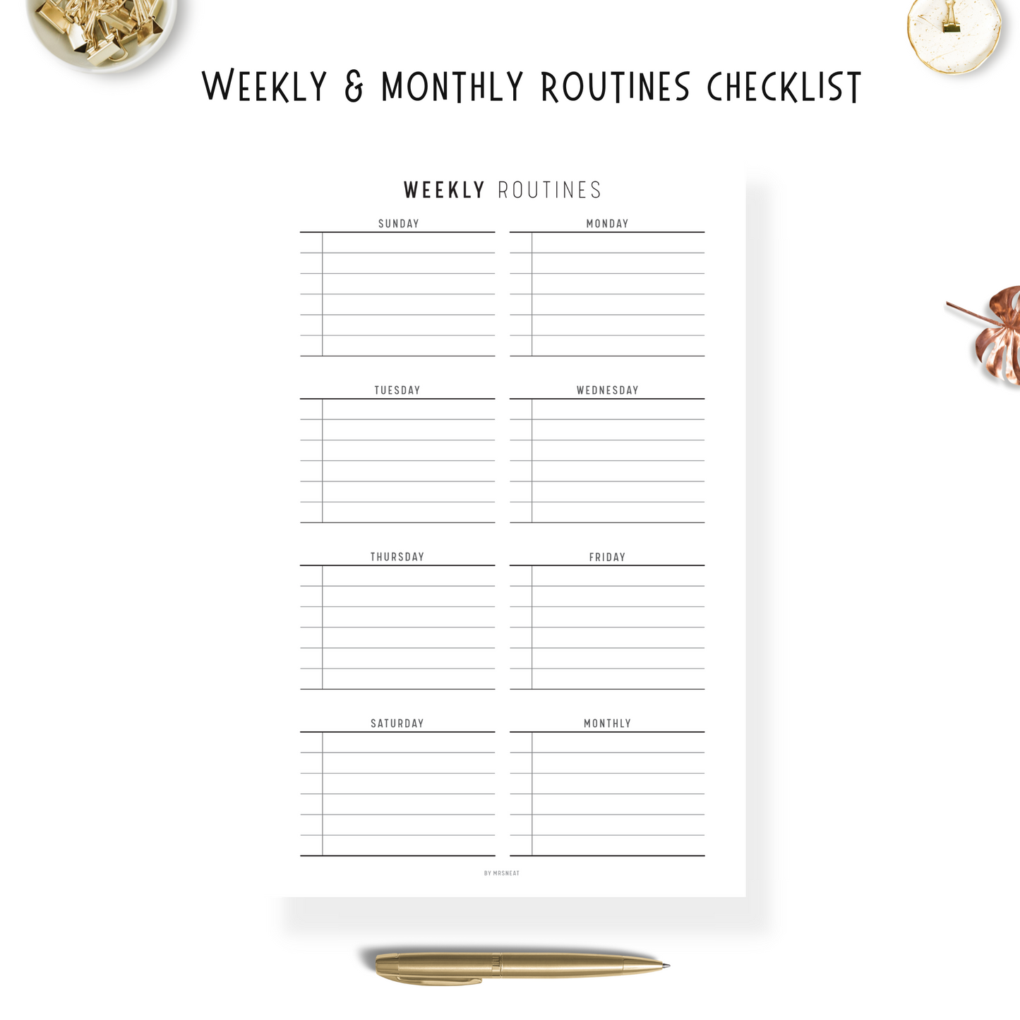 Weekly and Monthly Routines Checklist with room for 7 days and Monthly 