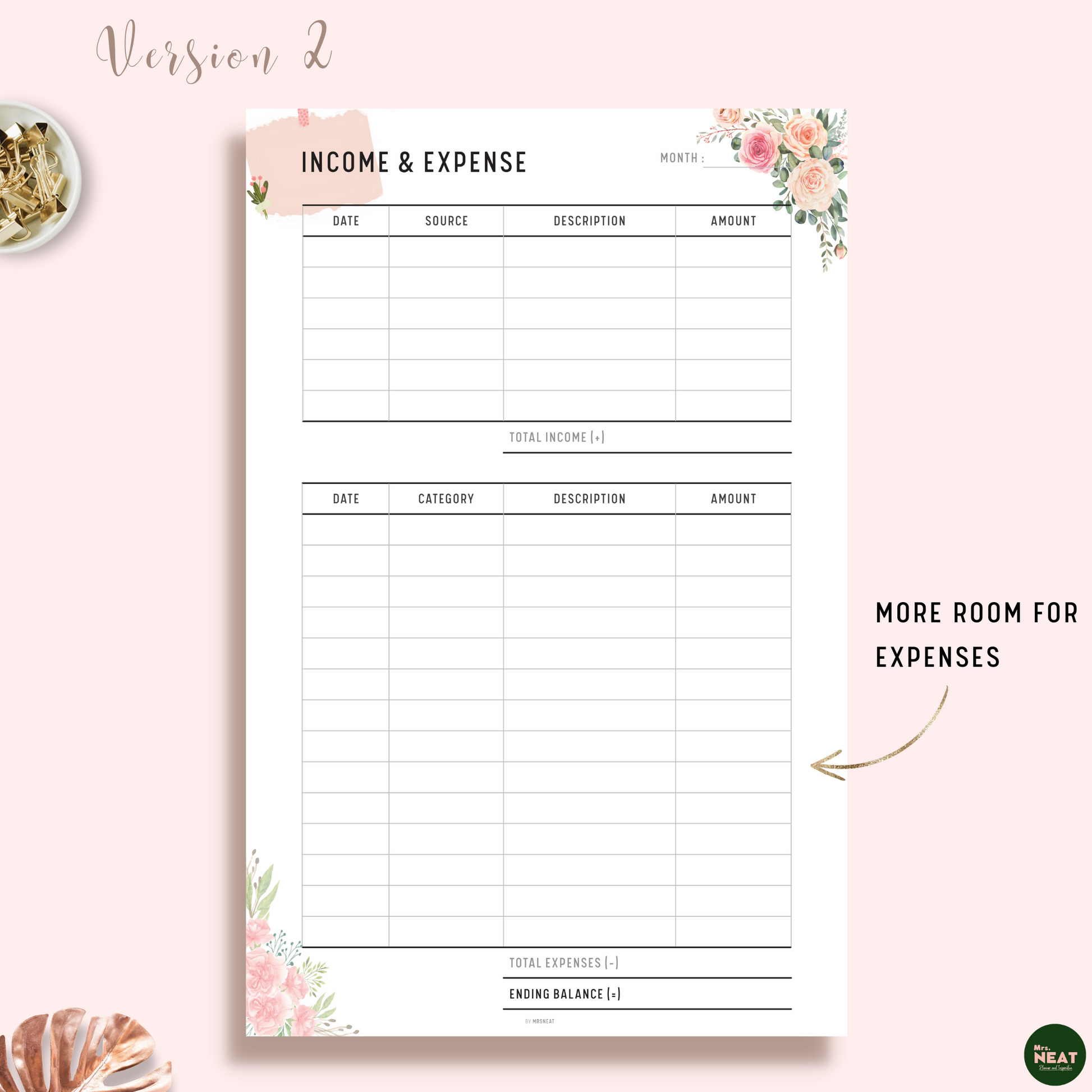 Beautiful Floral Income and Expense Tracker Planner with room income, expense and ending balance