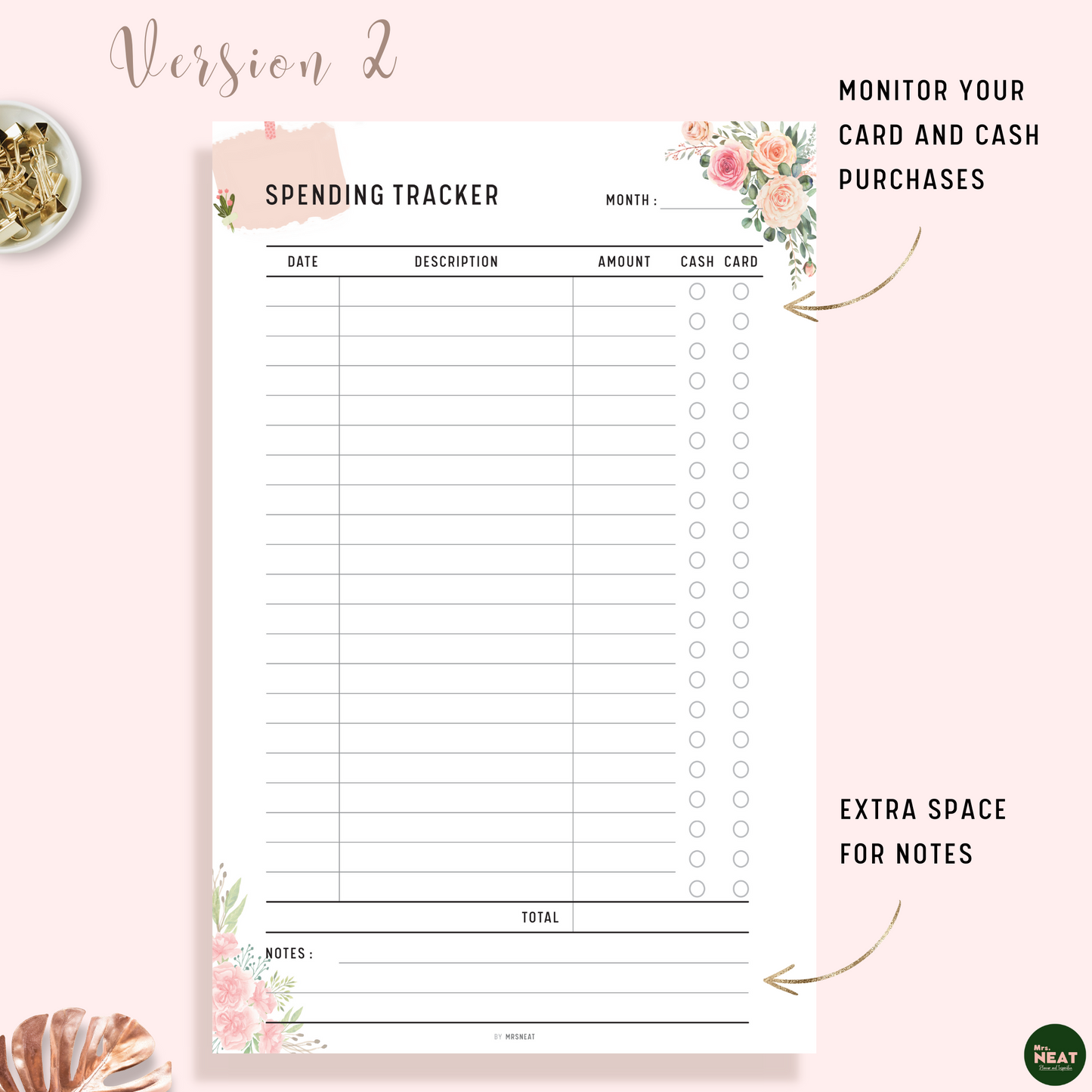 Floral Spending Tracker Planner with room for date, description, amount, 2 payment options and notes