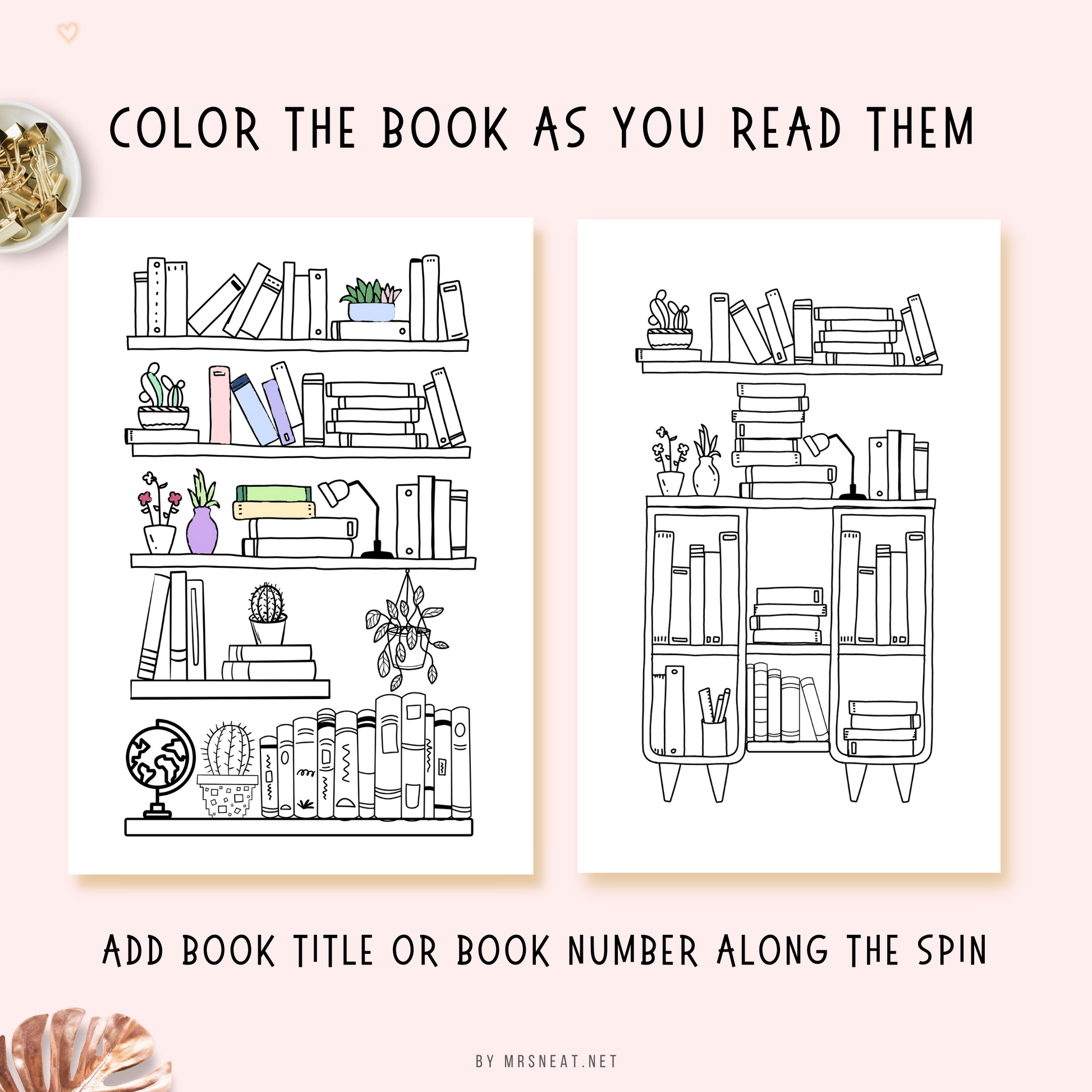 Beautiful and adorable Bookshelf picture on 2 versions with color along the book spin