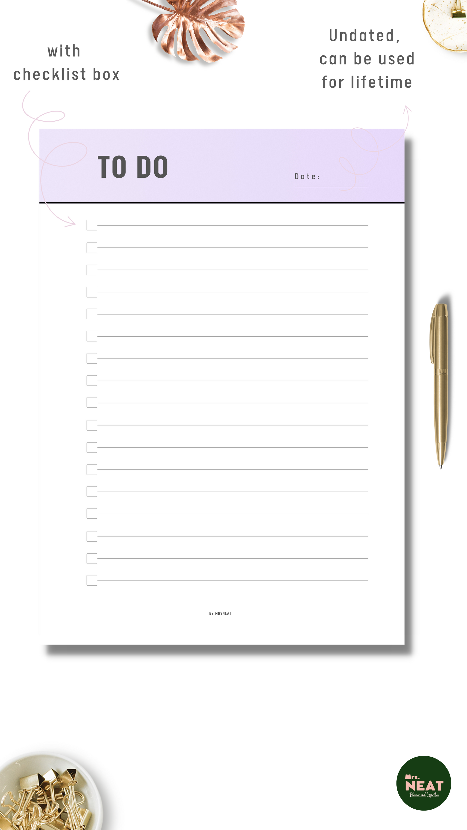 Beautiful and clean purple to do list page with checklist box and undated