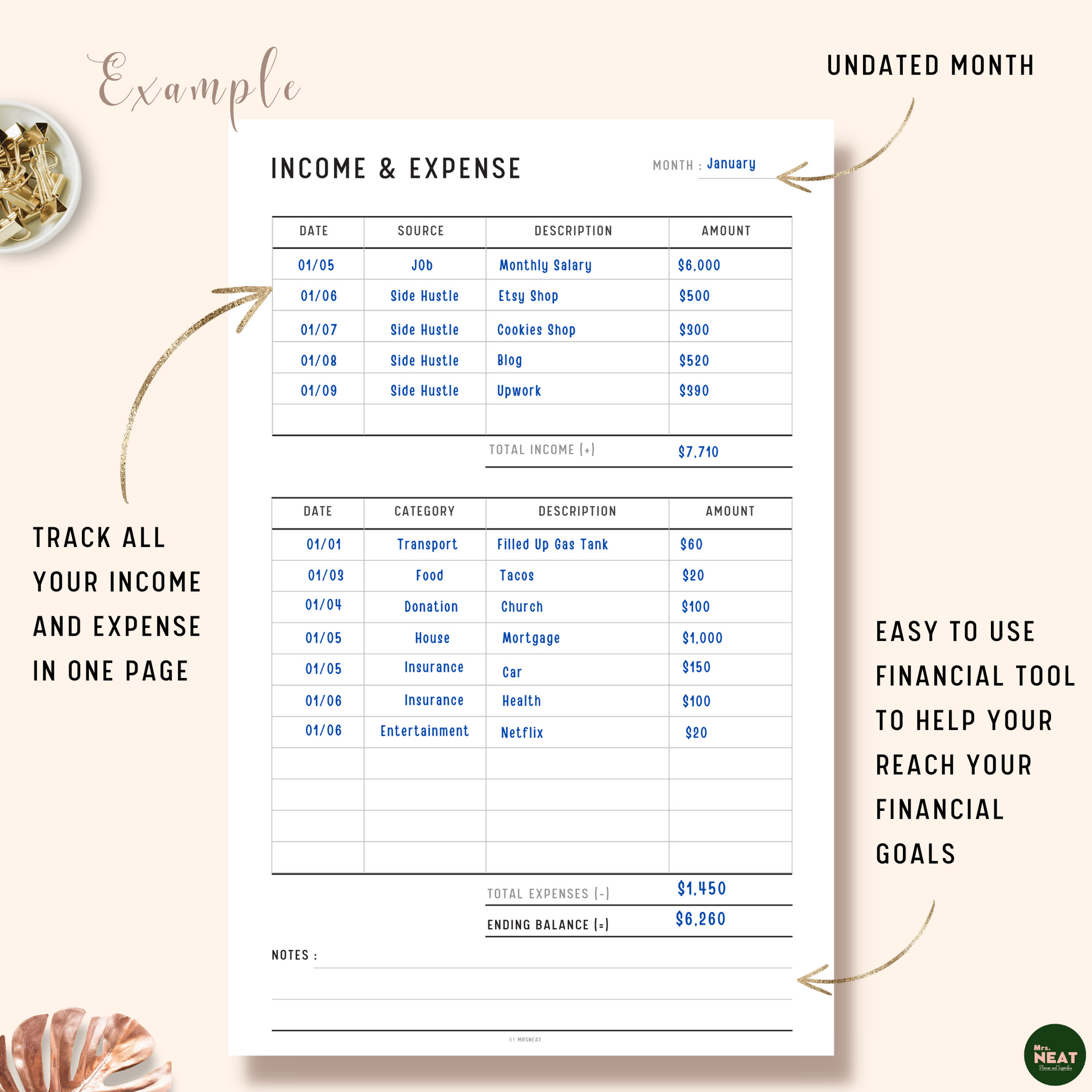 Income and Expense Tracker Planner with list of Income and expenses as an example