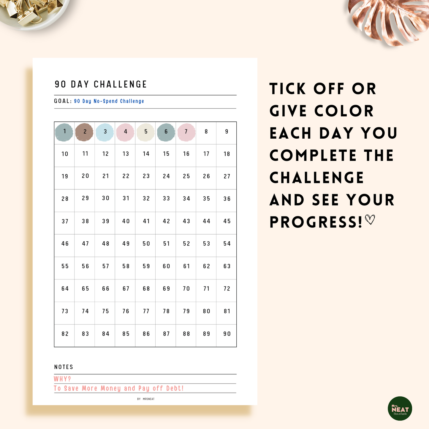 90 Day Challenge Habit Tracker Planner with colorful day column, Goal and Reminder on Notes Column