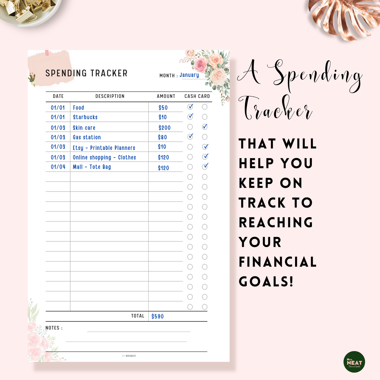 Floral Spending Tracker Planner with list of detail expenses to track of all expenses