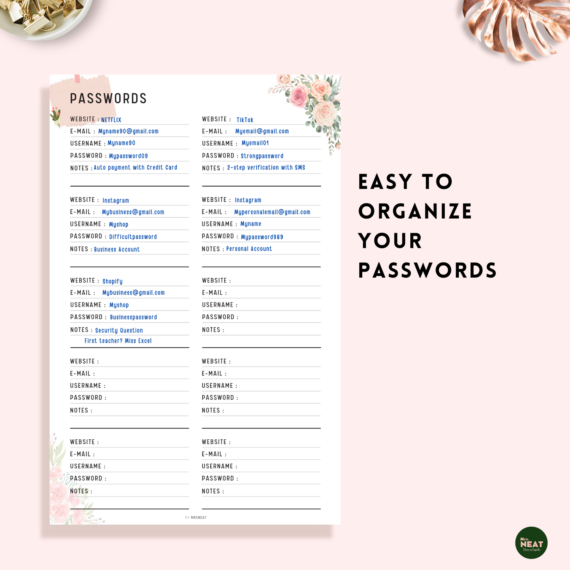 Floral Password Tracker Planner with Detail Contact Information and notes