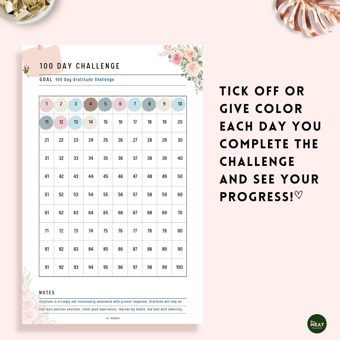 Colorful day column on the Floral 100 Day Challenge Habit Tracker Printable Planner